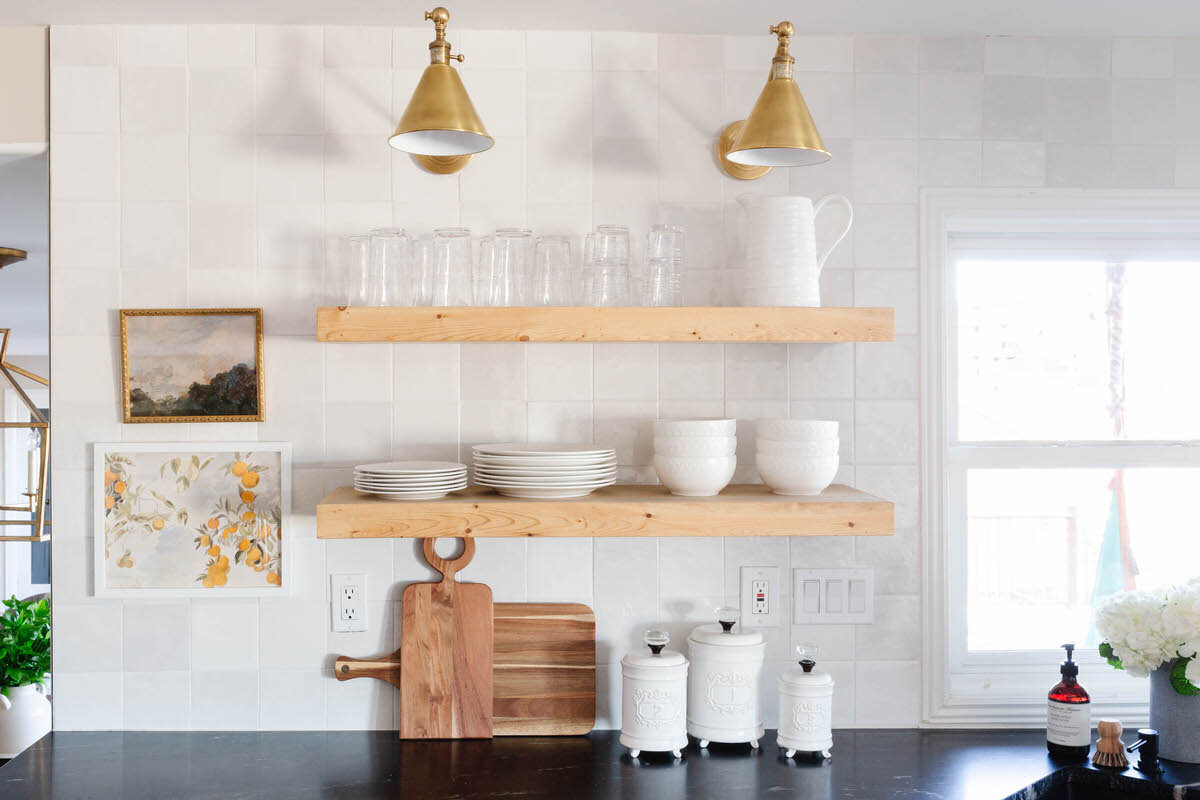 Modern Farmhouse Charming Cottage Warm White Kitchen with open shelves by Peggy Haddad Interiors33