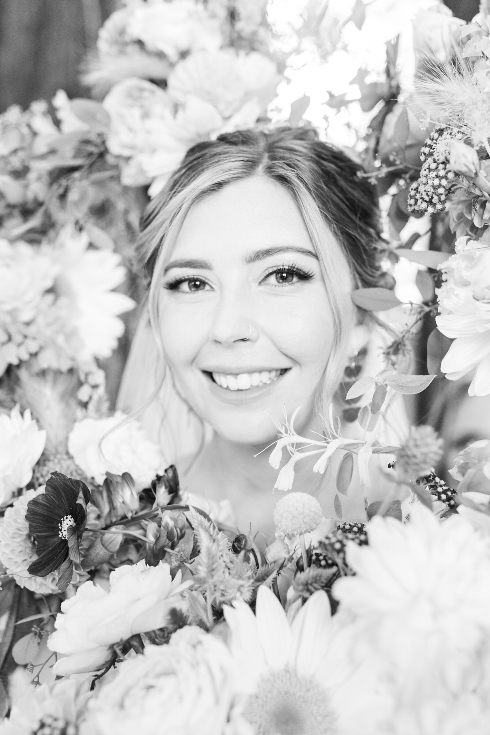 Bride on her colorful wedding day in Santa Cruz, California in the redwood trees.