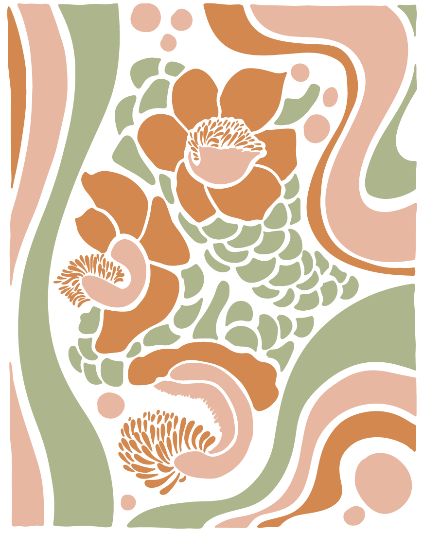 A series of intricate botanical illustrations in soft green, peach, and white tones. These decorative patterns reflect the natural, organic essence of the Herbalista Love brand, highlighting its connection to nature and wellness.