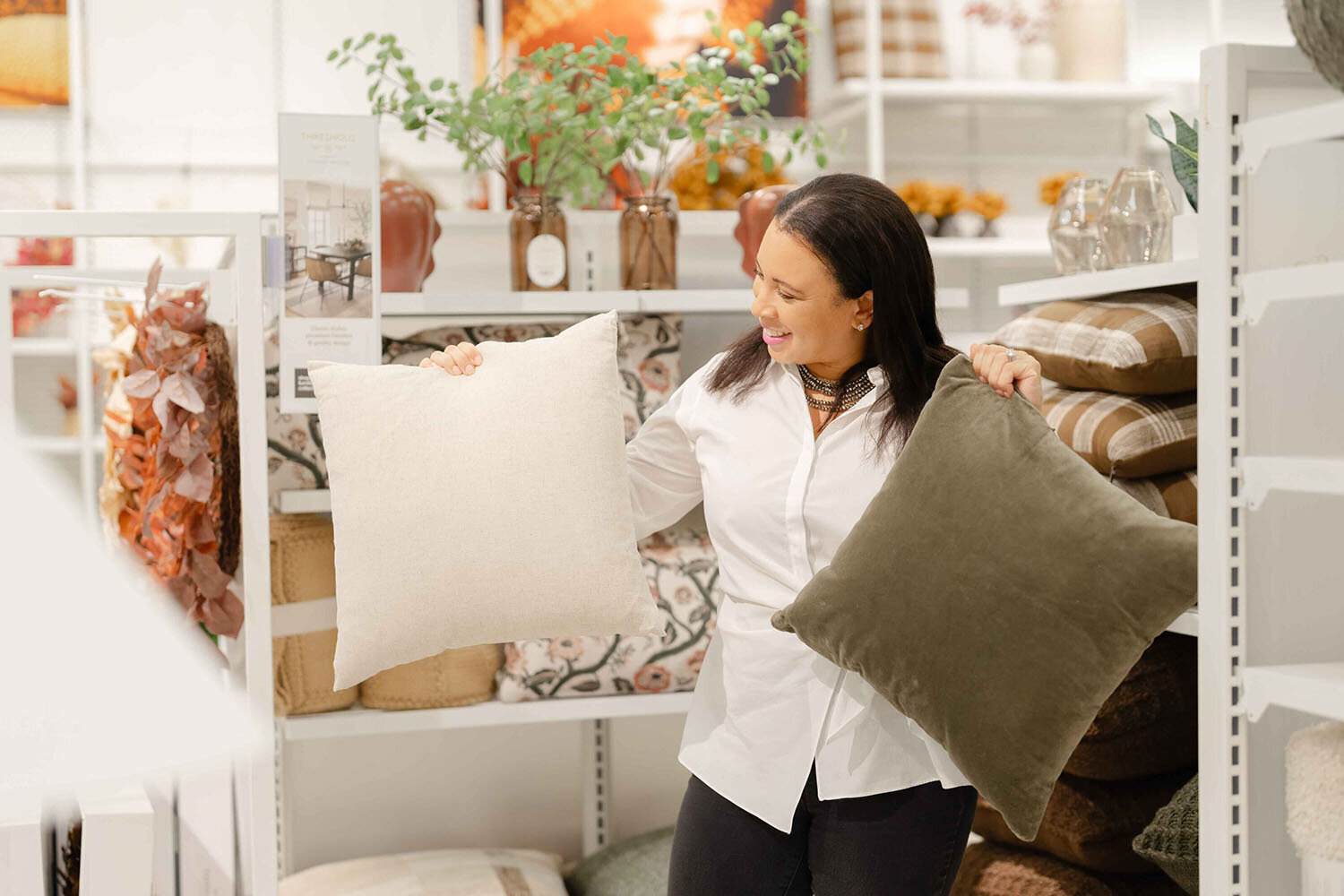 woman doing some pillow shopping during branding photos Gainesville,VA