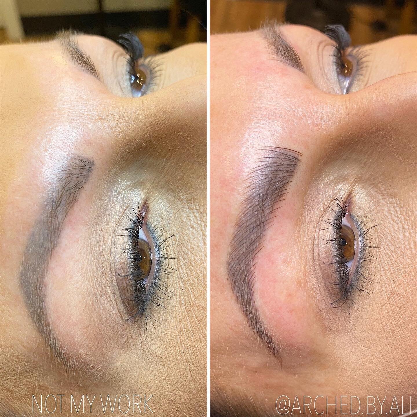 Female enhanced eyebrows that look naturally fluffy, through nicroblading services at ARCHED Coastal in Gulf Shores, Alabama.