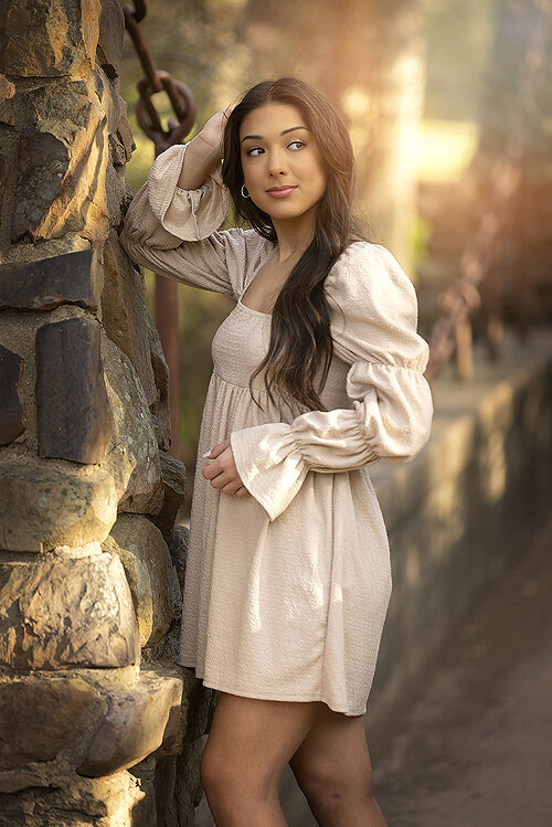 Senior girl poses on bridge in Davis Park