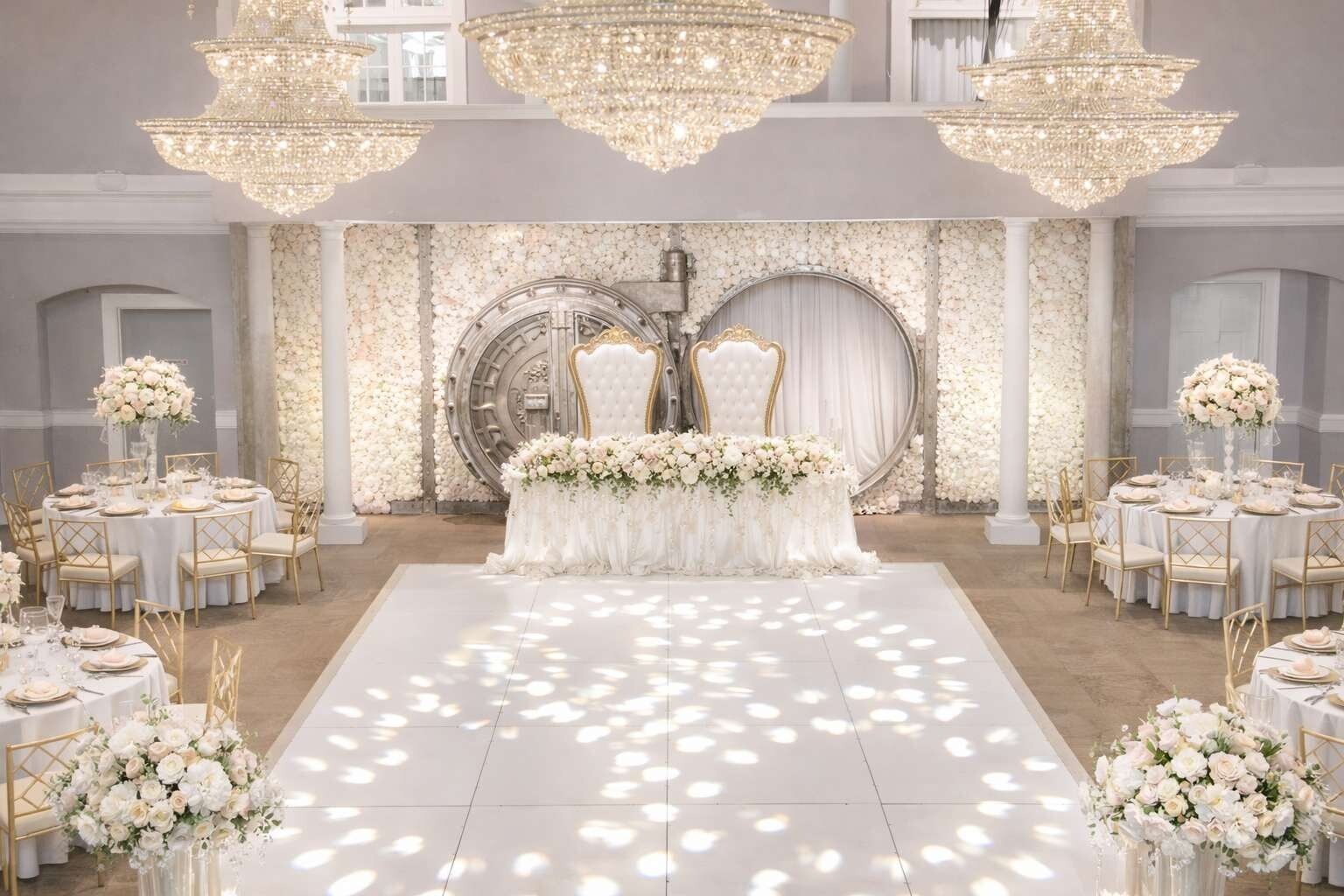 Crystal-chandelier ballroom set for a luxury reception