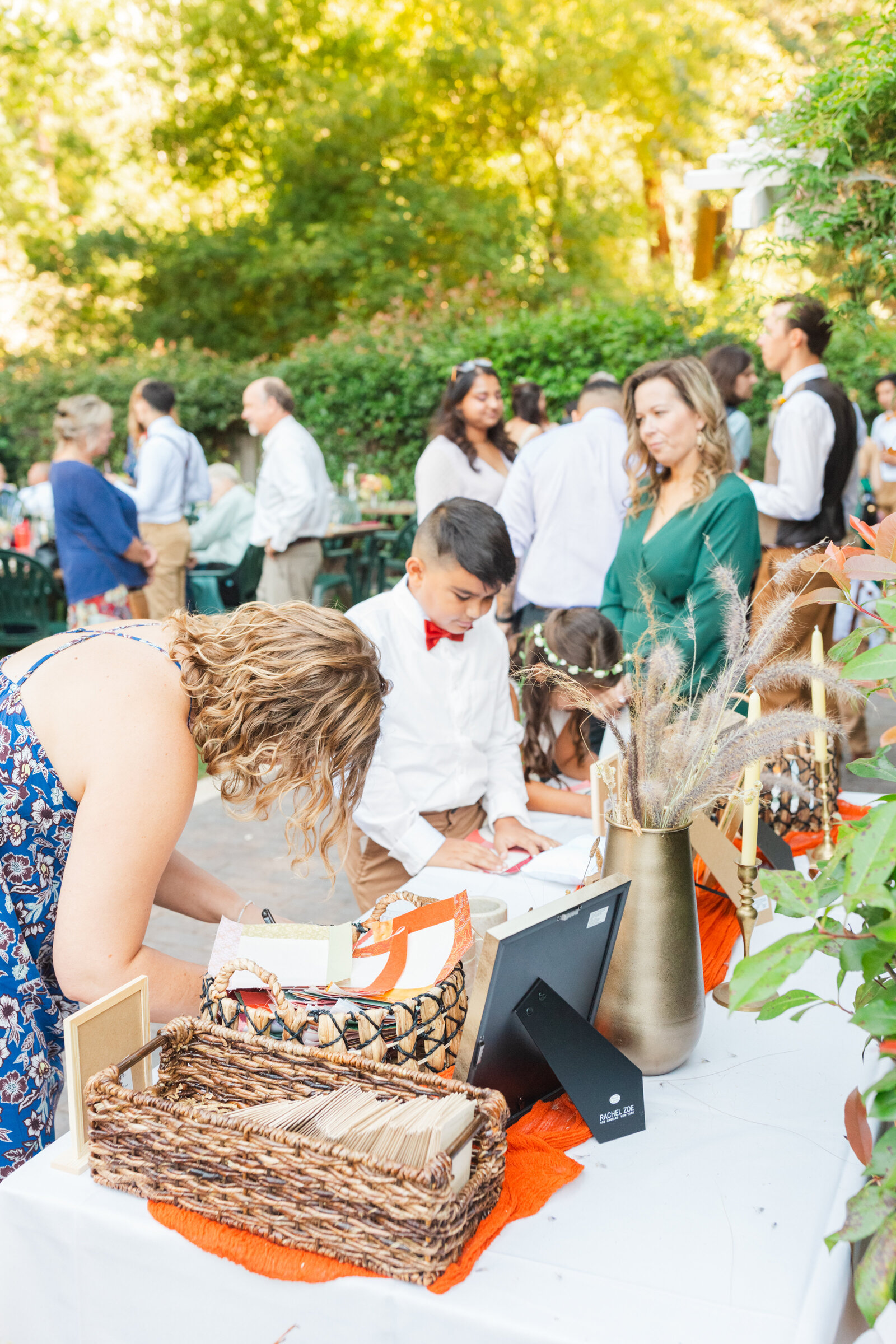 Colorful wedding reception in Santa Cruz, California in the redwood trees.