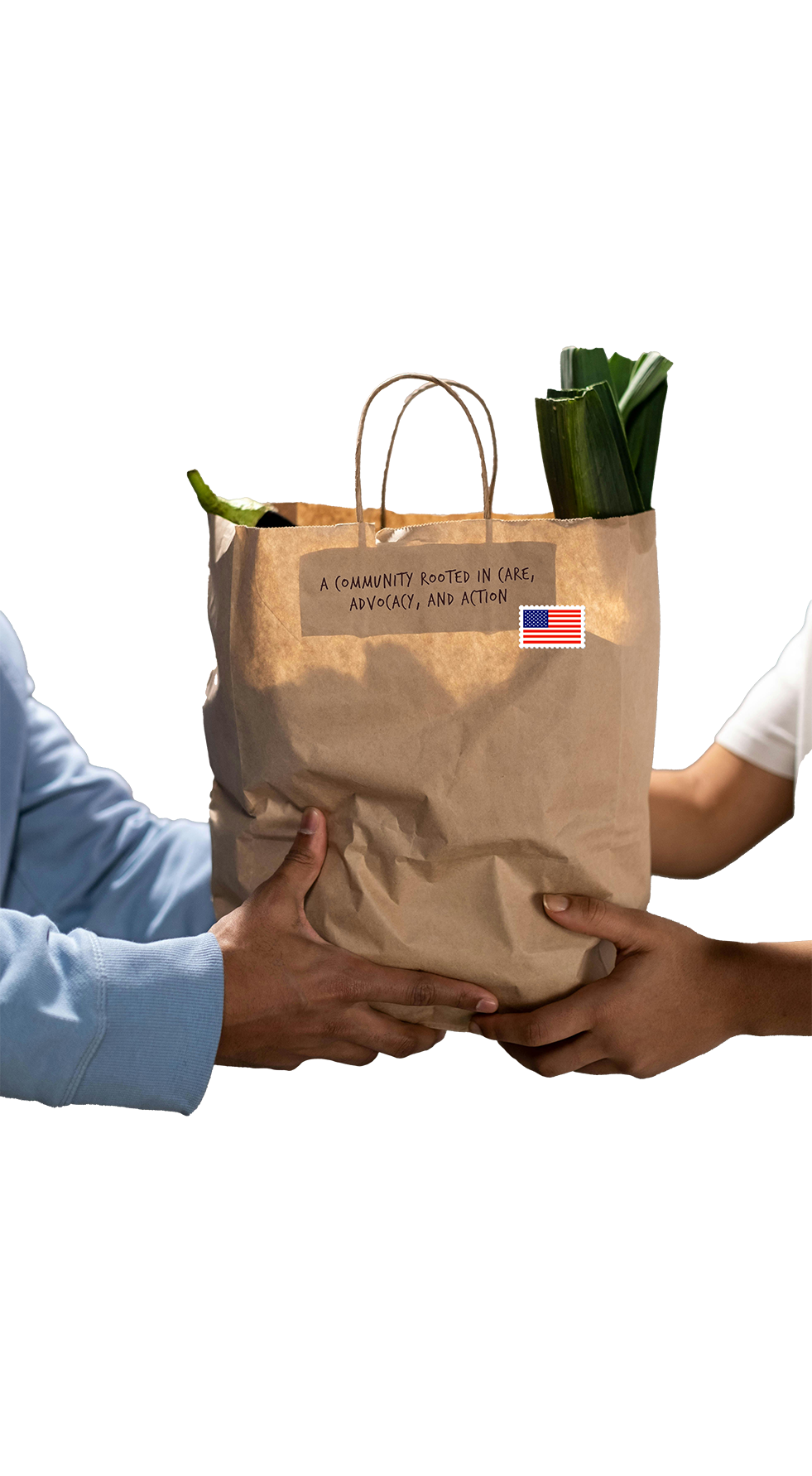 hands of two men carrying a paper bag saying a community rooted in care, advocacy and action