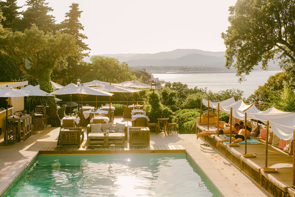 people on vacation at pool at boutique hotel in Saint Tropez photography