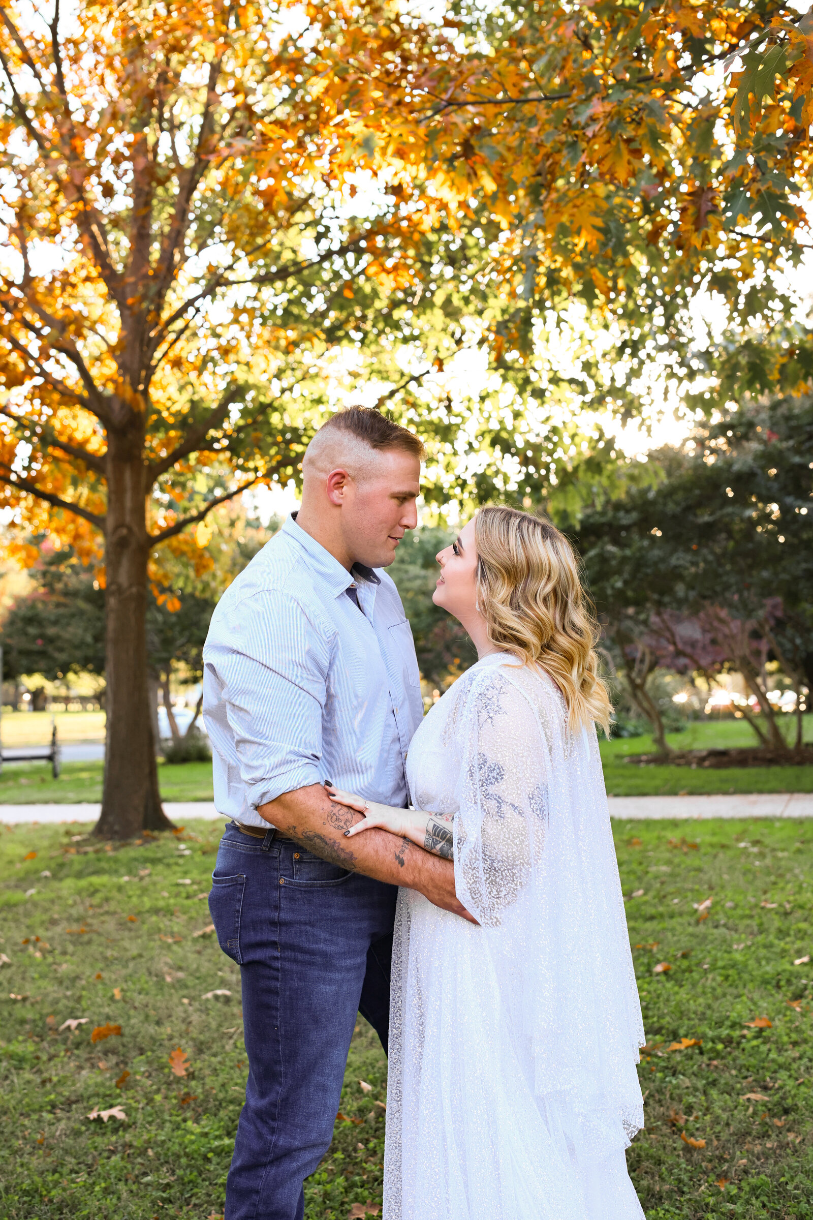 bride wearing sparkly white dress  and groom wearing jeans and blue button down shirt in Washington DC by Washington DC elopement photographer Amanda Richardson Photography