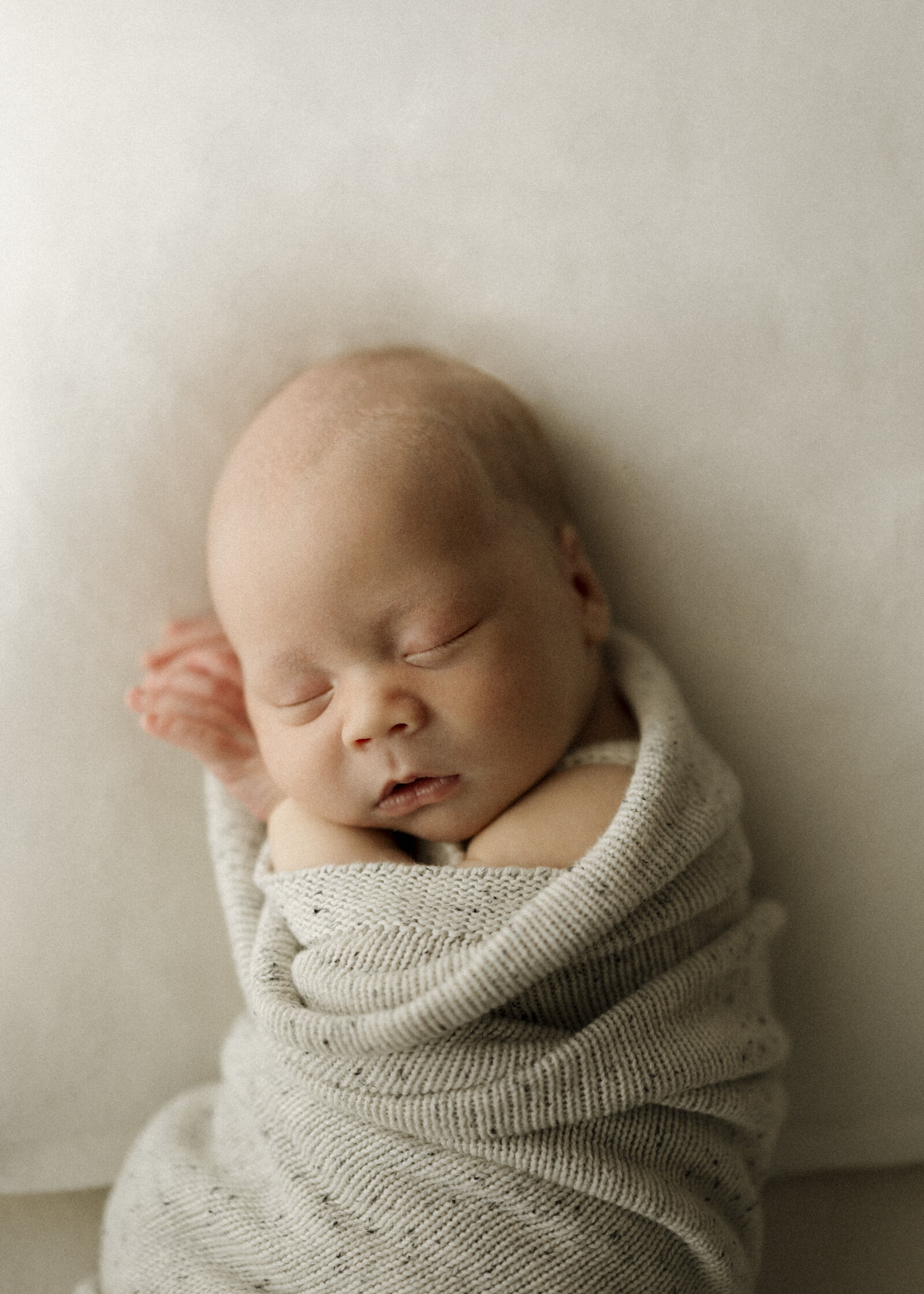 Best newborn family photographer in Perth capturing a tender moment between parents and their newborn in a cozy studio setting.
