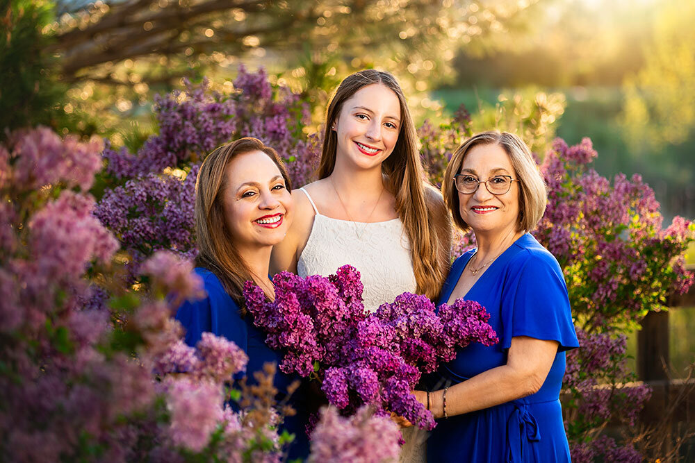 3-generations-women-family-grandmother-mom-daughter-lilacs-purple-feminine-vibrant-sunset-legacy-mother-day-may