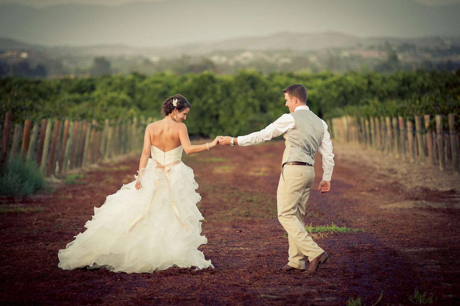 bride and groom in open grape field