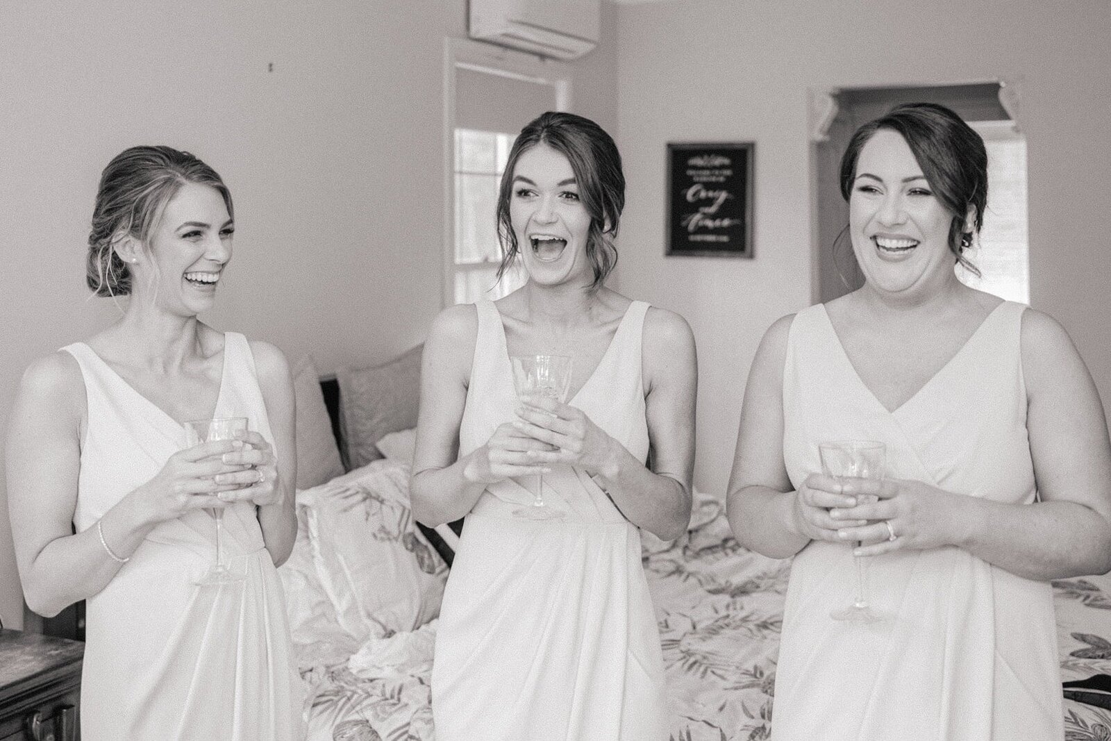 bridesmaids are excited to see bride for the first time