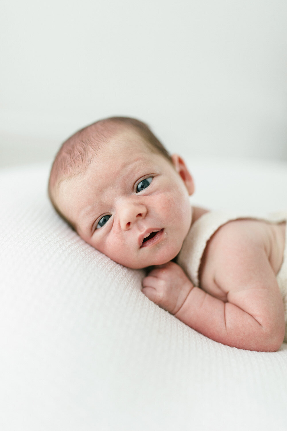 Baby lies on their tummy whilst looking at the camera with eyes wide open