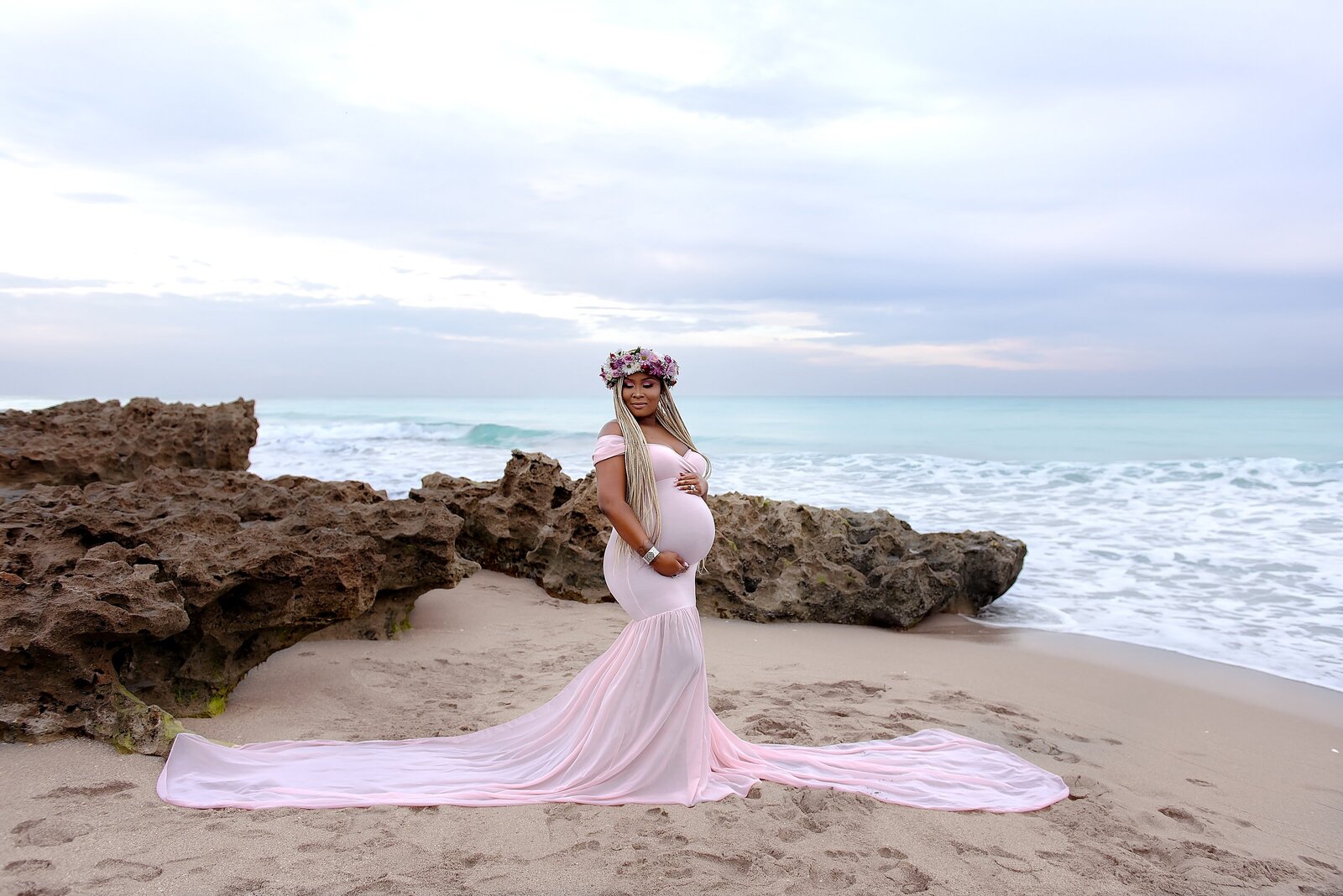 maternity beach photo with flower crown