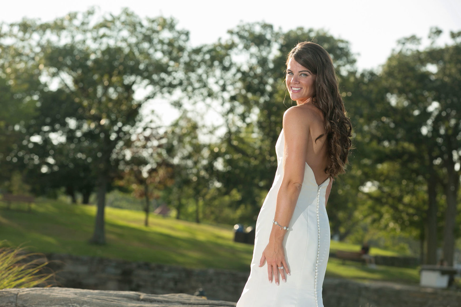 beautiful bride smiling outside Glen Island Harbor Club