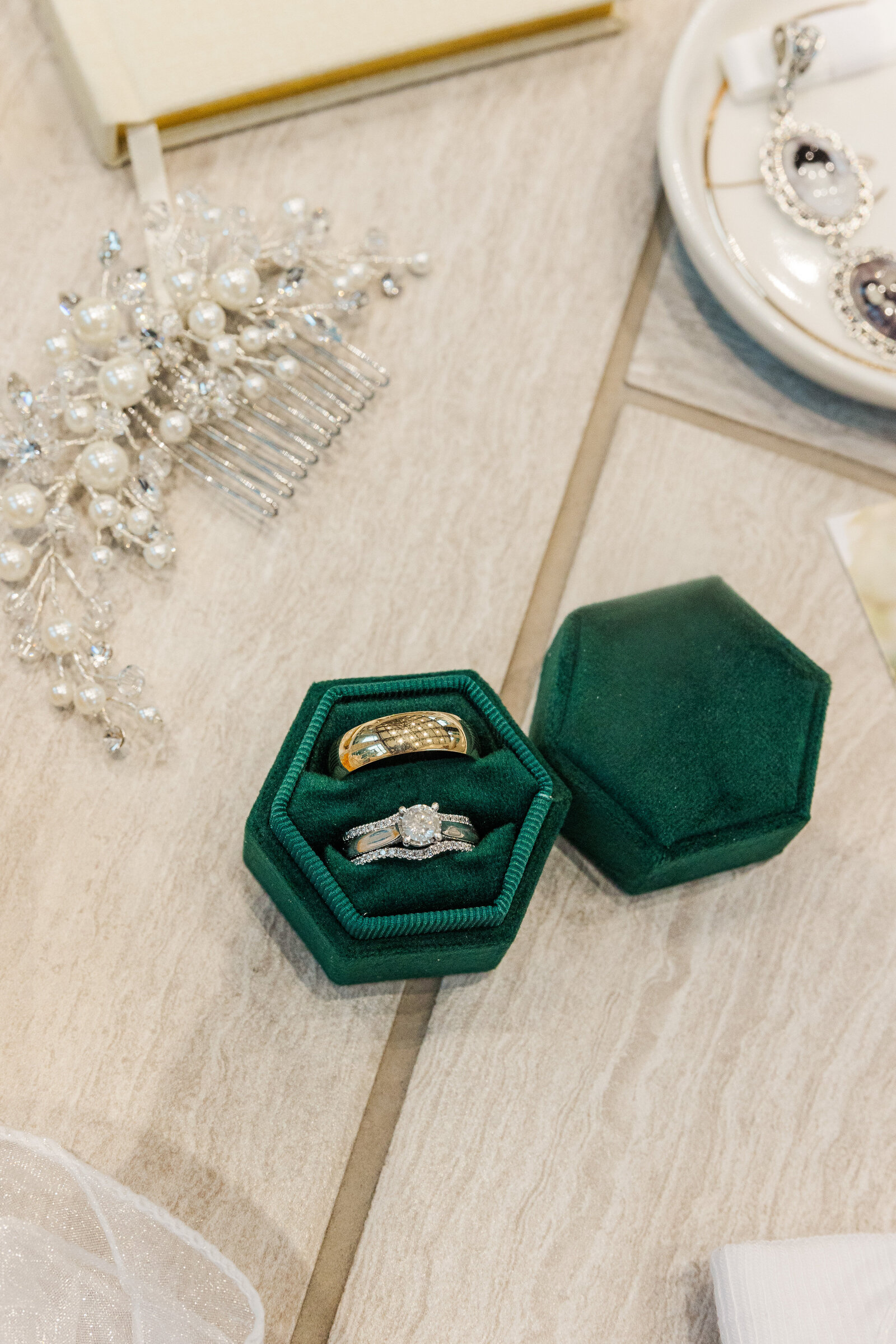 Couples wedding rings flat lay