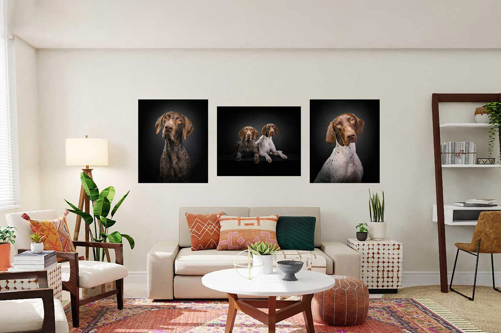 Two dogs shown in large canvas artwork on the wall in brightly decorated home