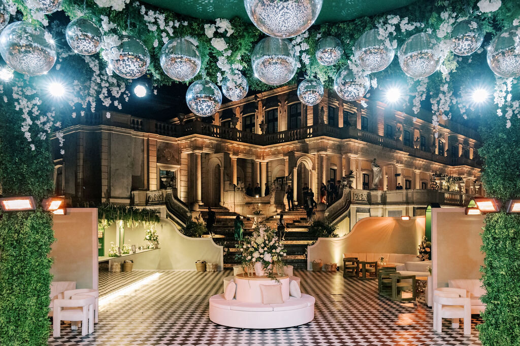 Long Wedding Reception table with checkboard floor for palace destination wedding by Sofia Nascimento Studios
