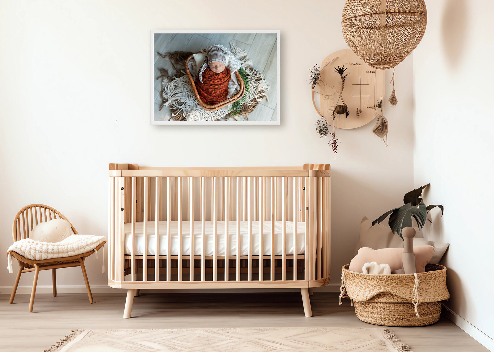 Boho nursery with crib below a large framed photo of a baby in a basket