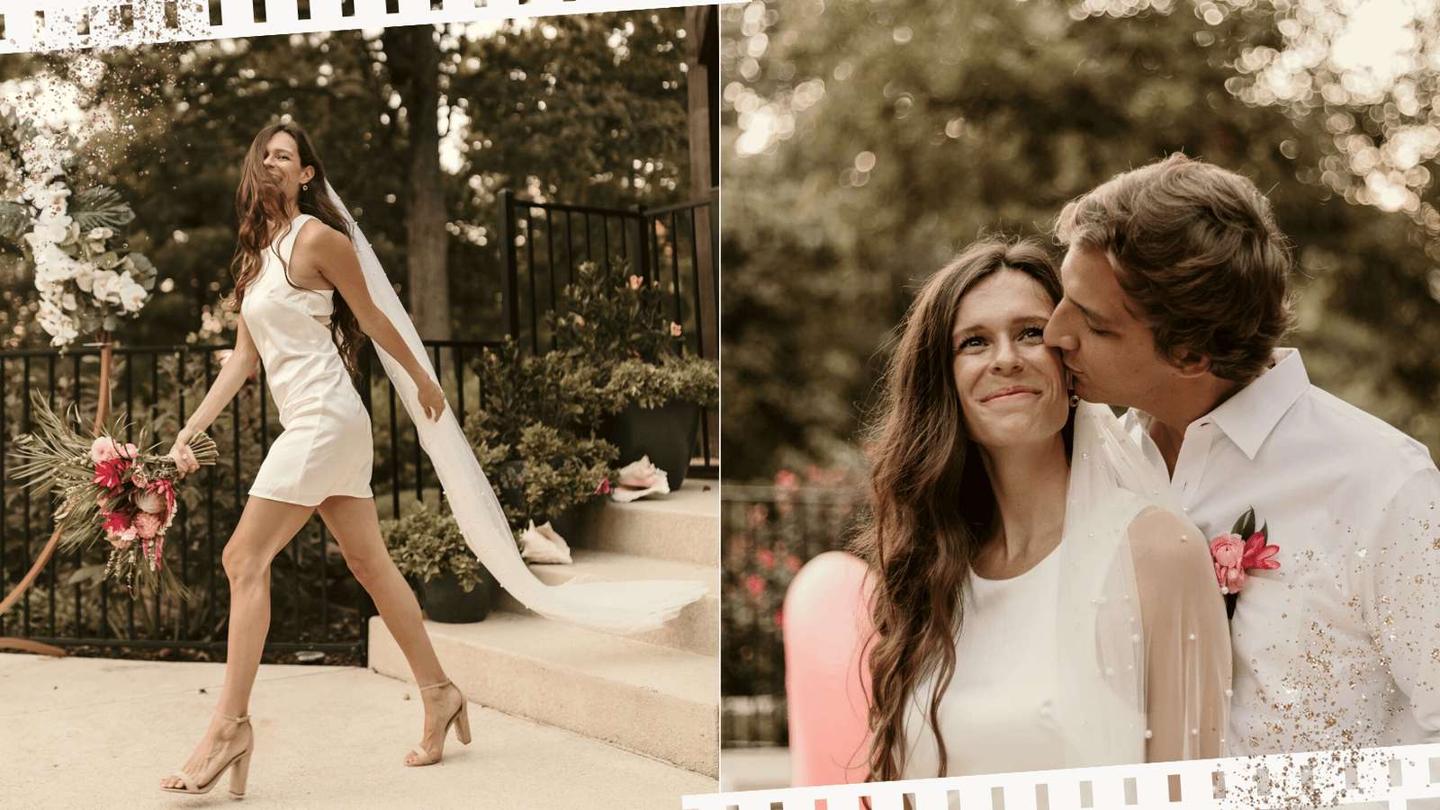 collage of a backyard elopement with bride walking, and second picture groom kissing bride on cheek.