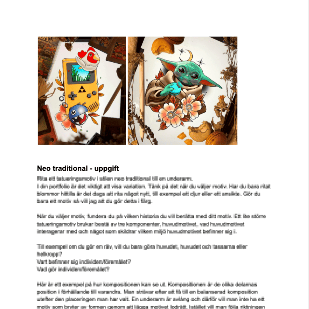 Uppgift i onlinekurs om att bli tatuerare.