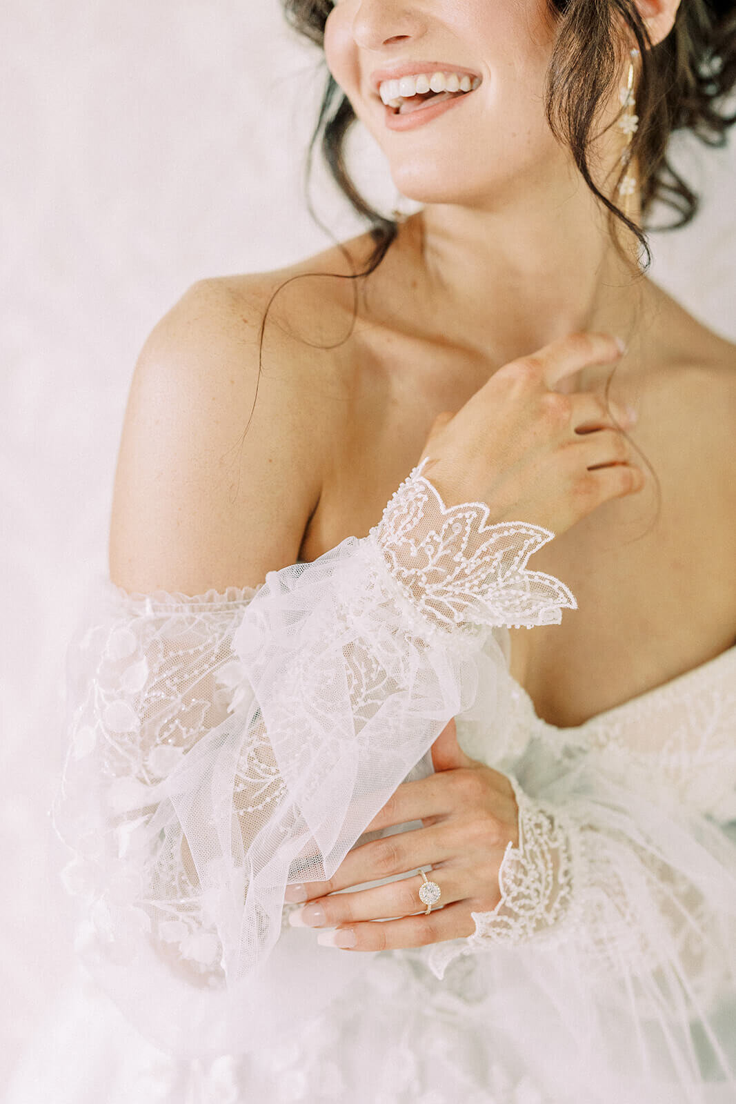 Eva Lendel lowered sleeves transparent lace and weightless tulle