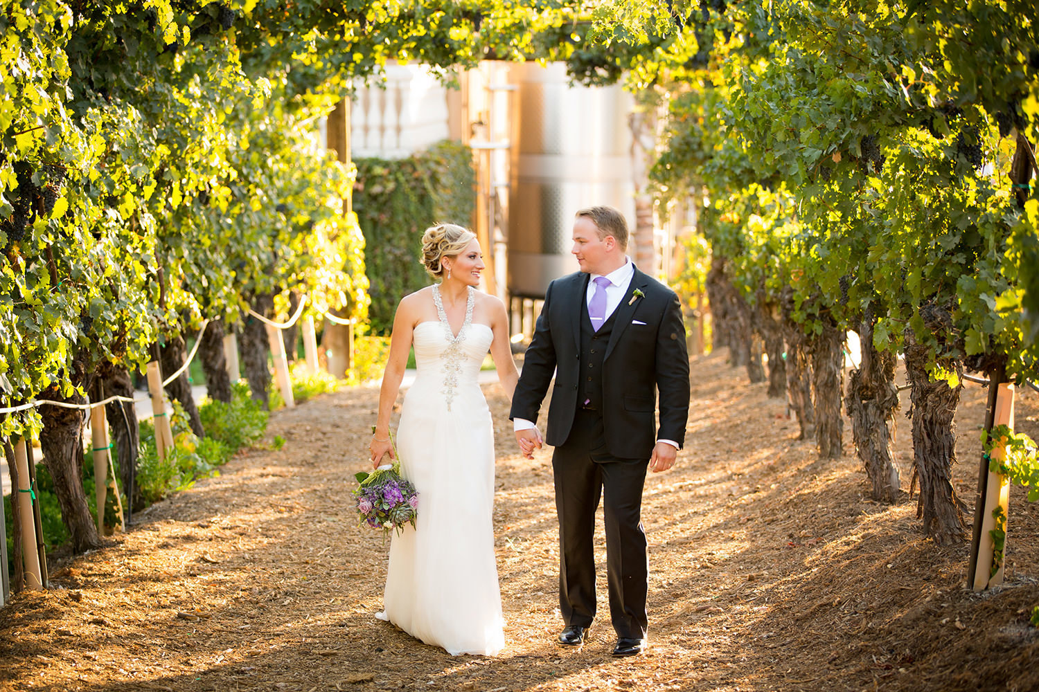 couple walking in vineyard holding hands