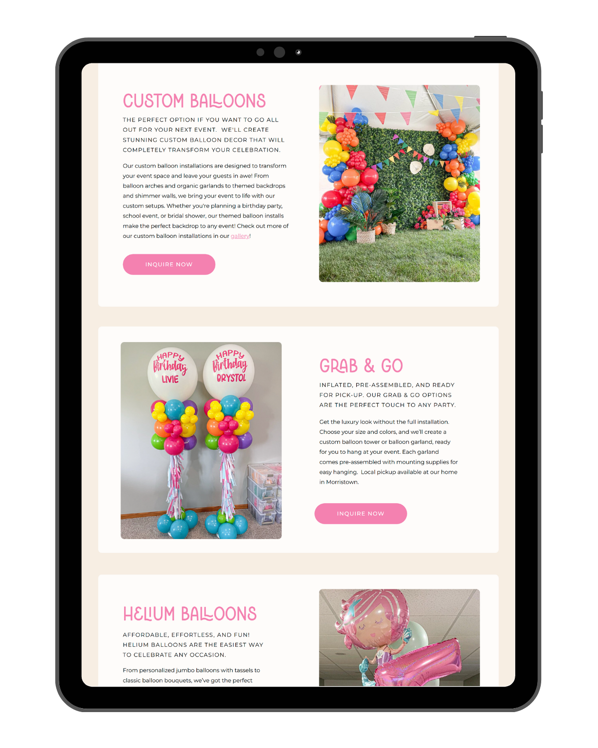 custom balloon installations, grab & go, and helium balloons on balloon artist website by Daydream Sites