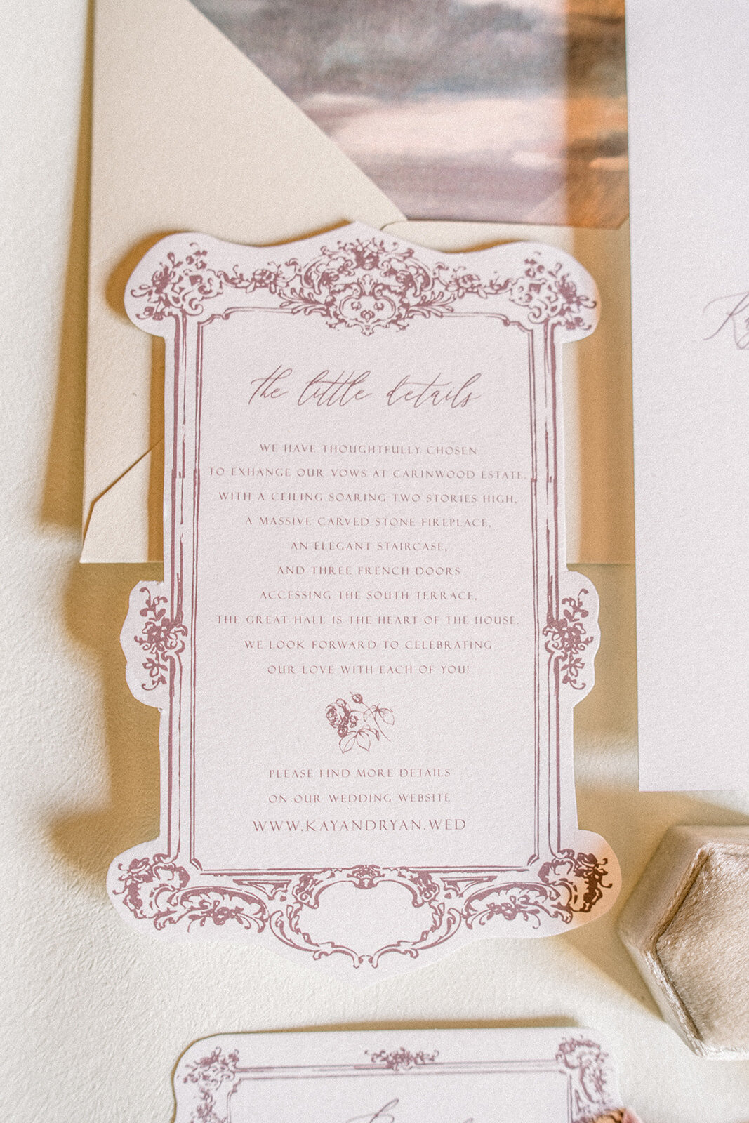 A beautifully crafted wedding invitation, setting the tone for a luxurious wedding at the Filoli estate in Woodside, California.
