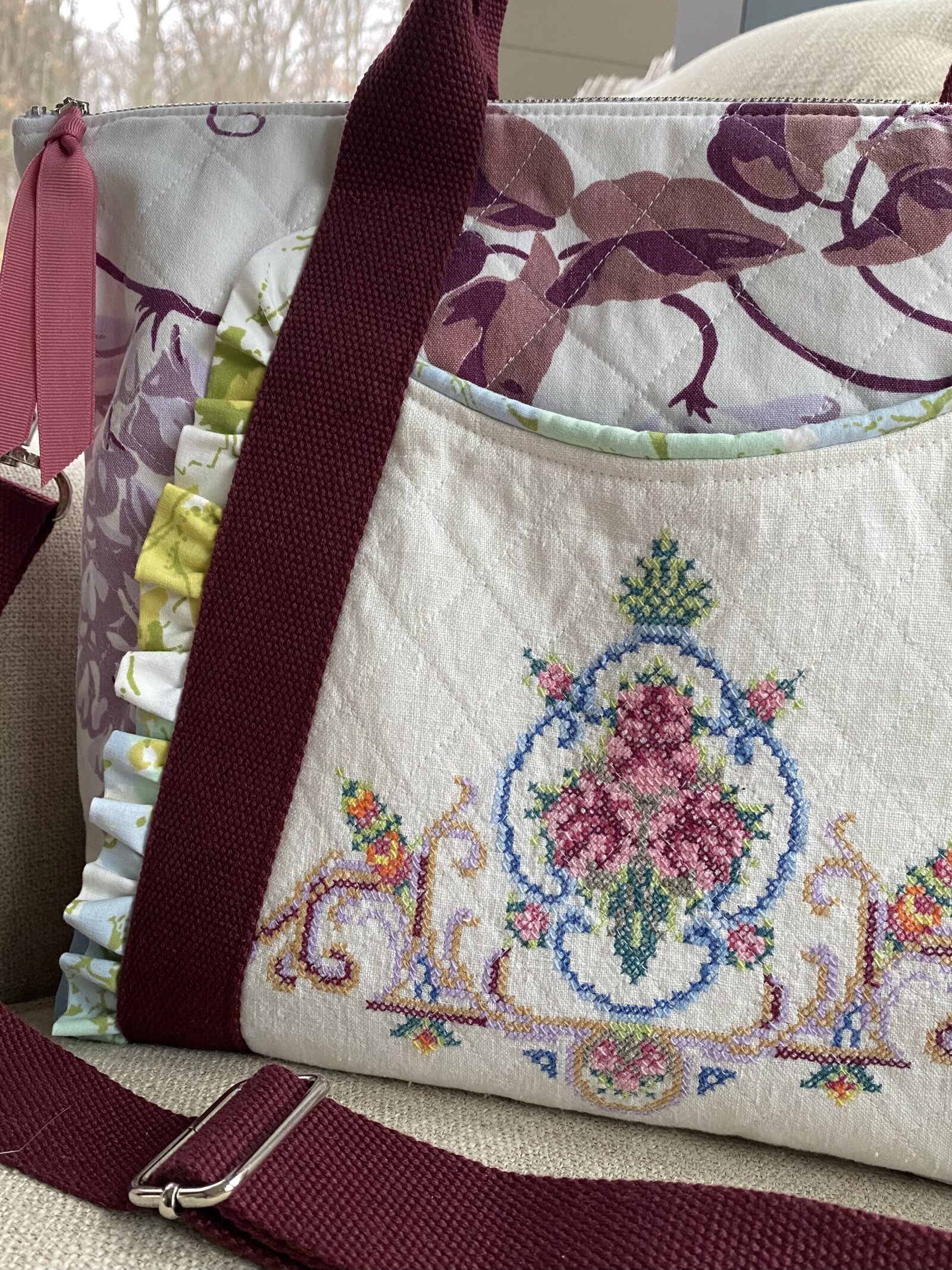 Up close of bag made from hand stitched vintage linens