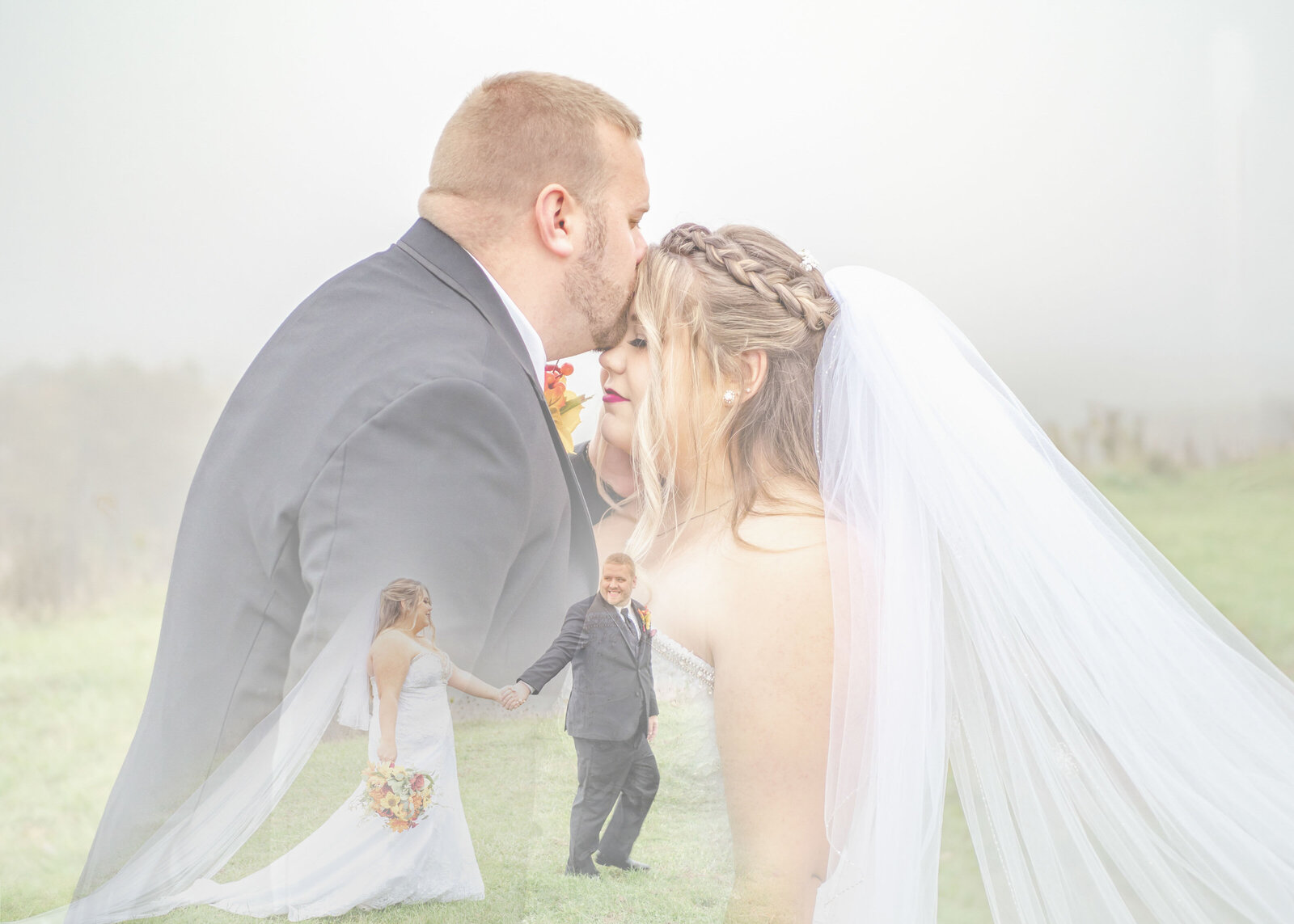 Romantic double exposure portrait of a bride and groom sharing a kiss, capturing the essence of their love after their wedding day on foggy mountain top in Blue Knob, Pennsylvania.