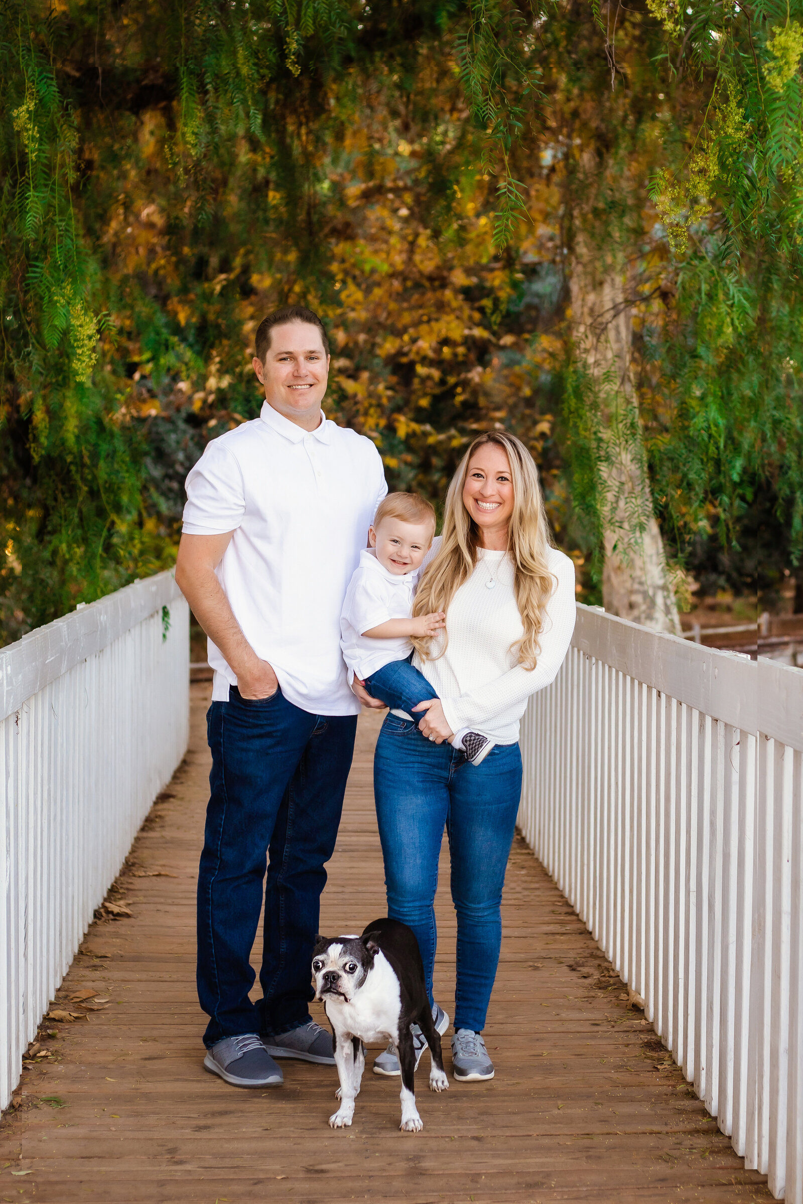 Family Photographer, a young mother and father hold their baby on a bridge with their dog