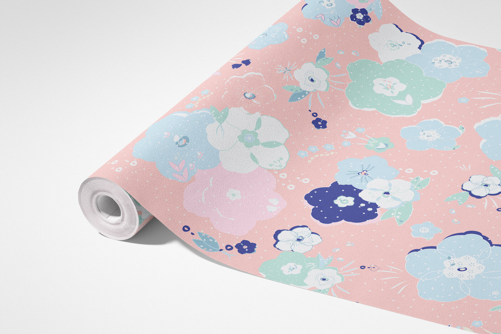 pink, white, and blue floral patterned wallpaper