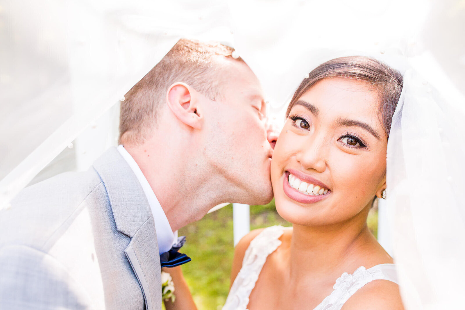 Portrait of bride and groom under veil.