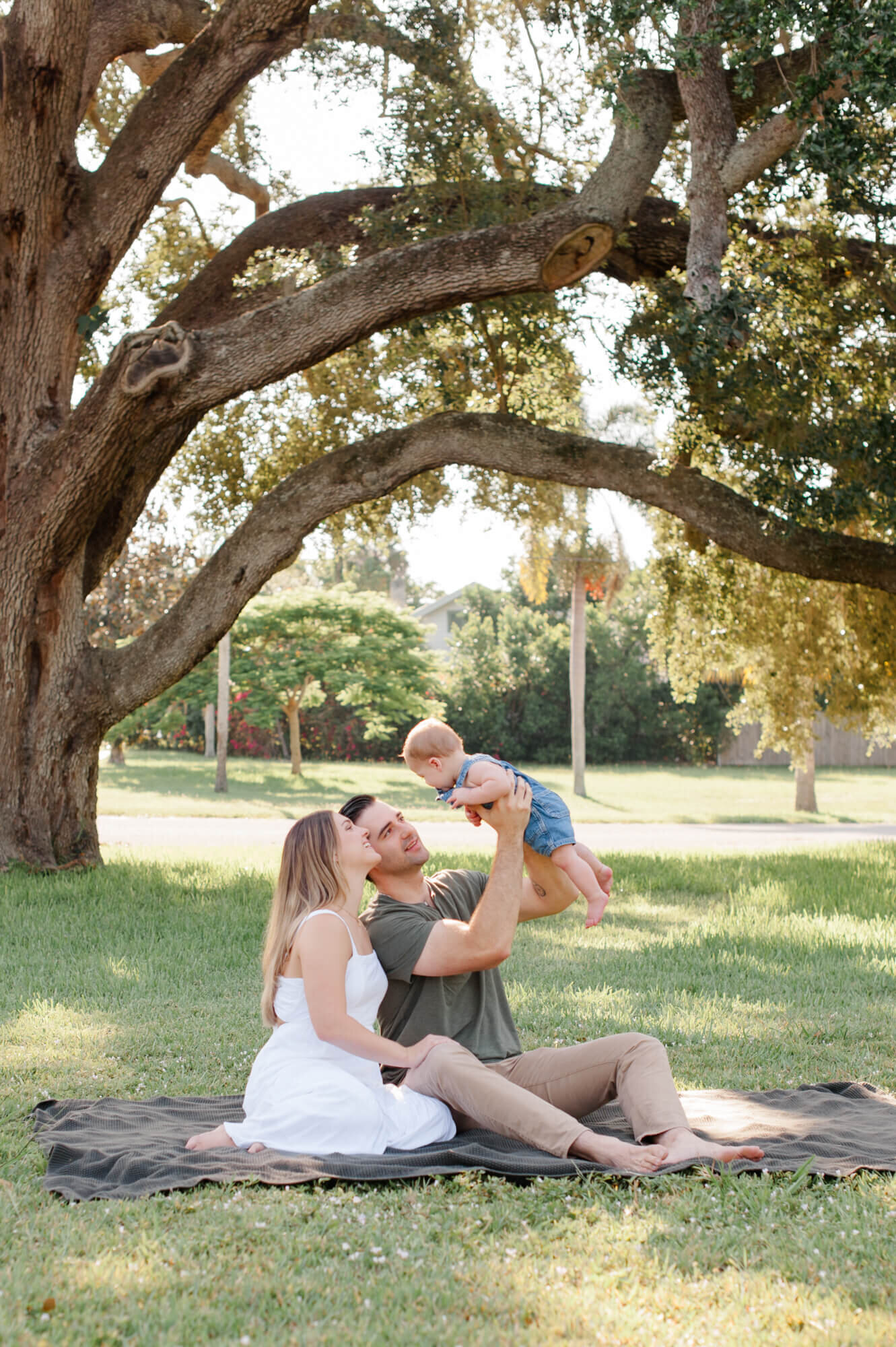 Family sitting on a blanket in the grass in front of a beautiful oak tree holding young son up in the air