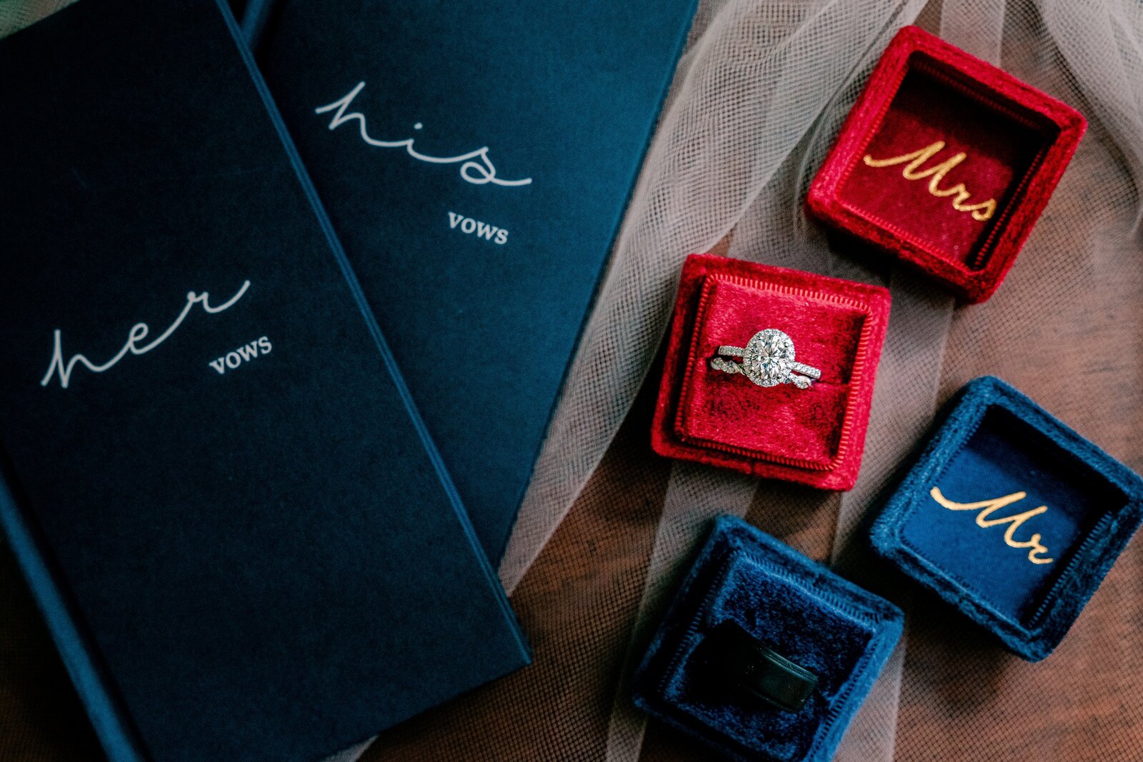 A flat lay of the bride and groom's vow books and rings before a wedding at Gunston Hall in Northern Virginia