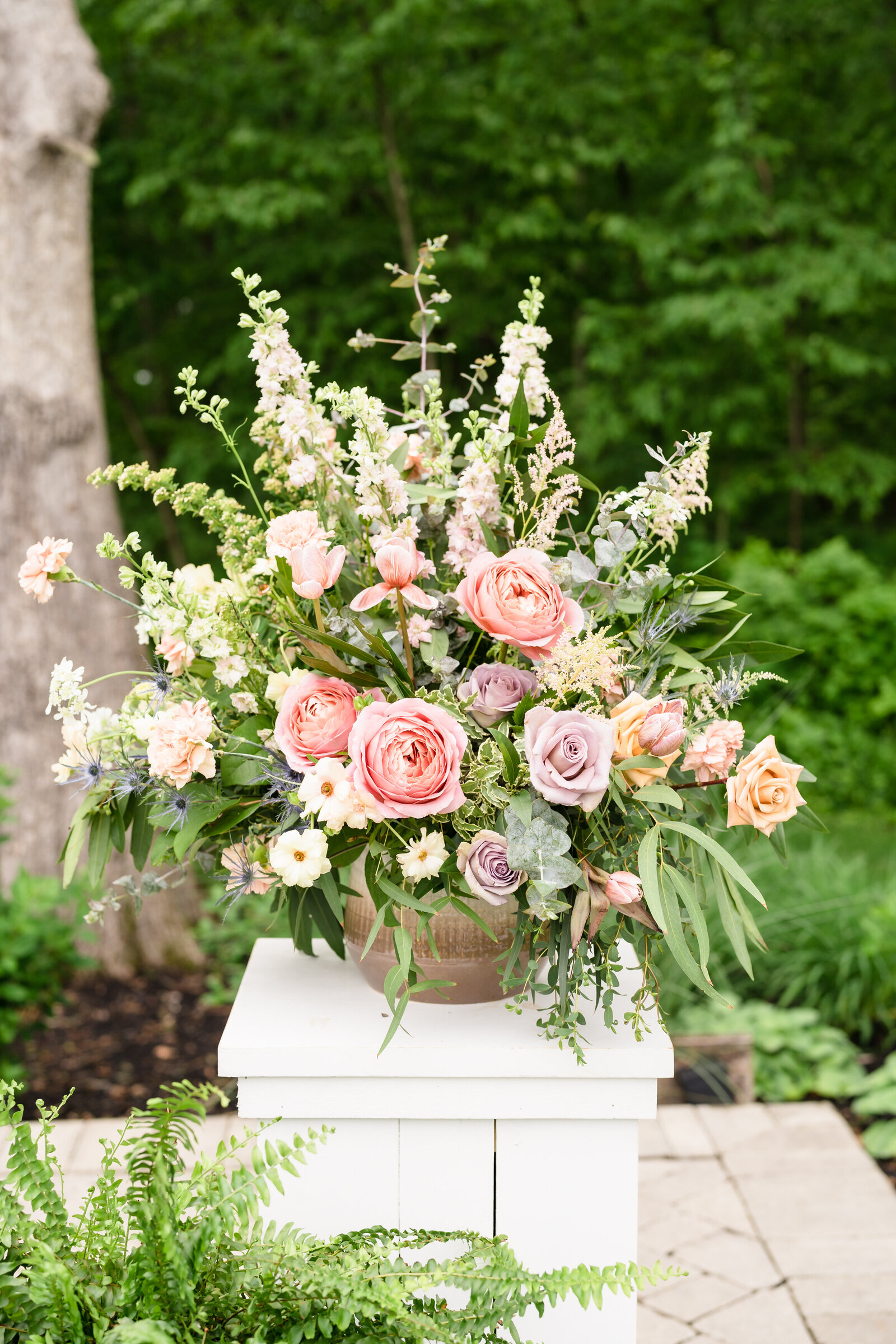 Detail shot of a large pastel floral arrangement