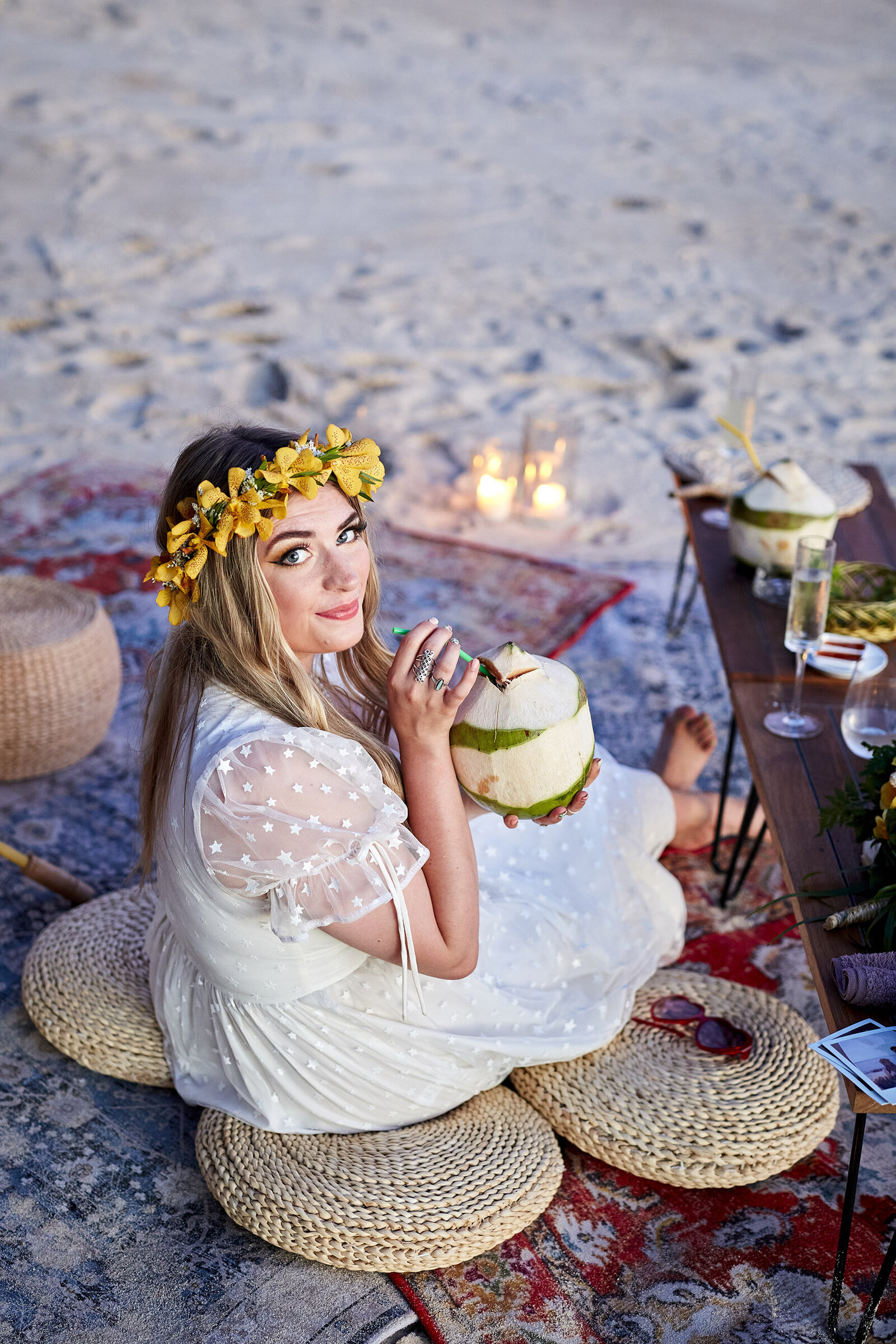 Bride drinking coconut