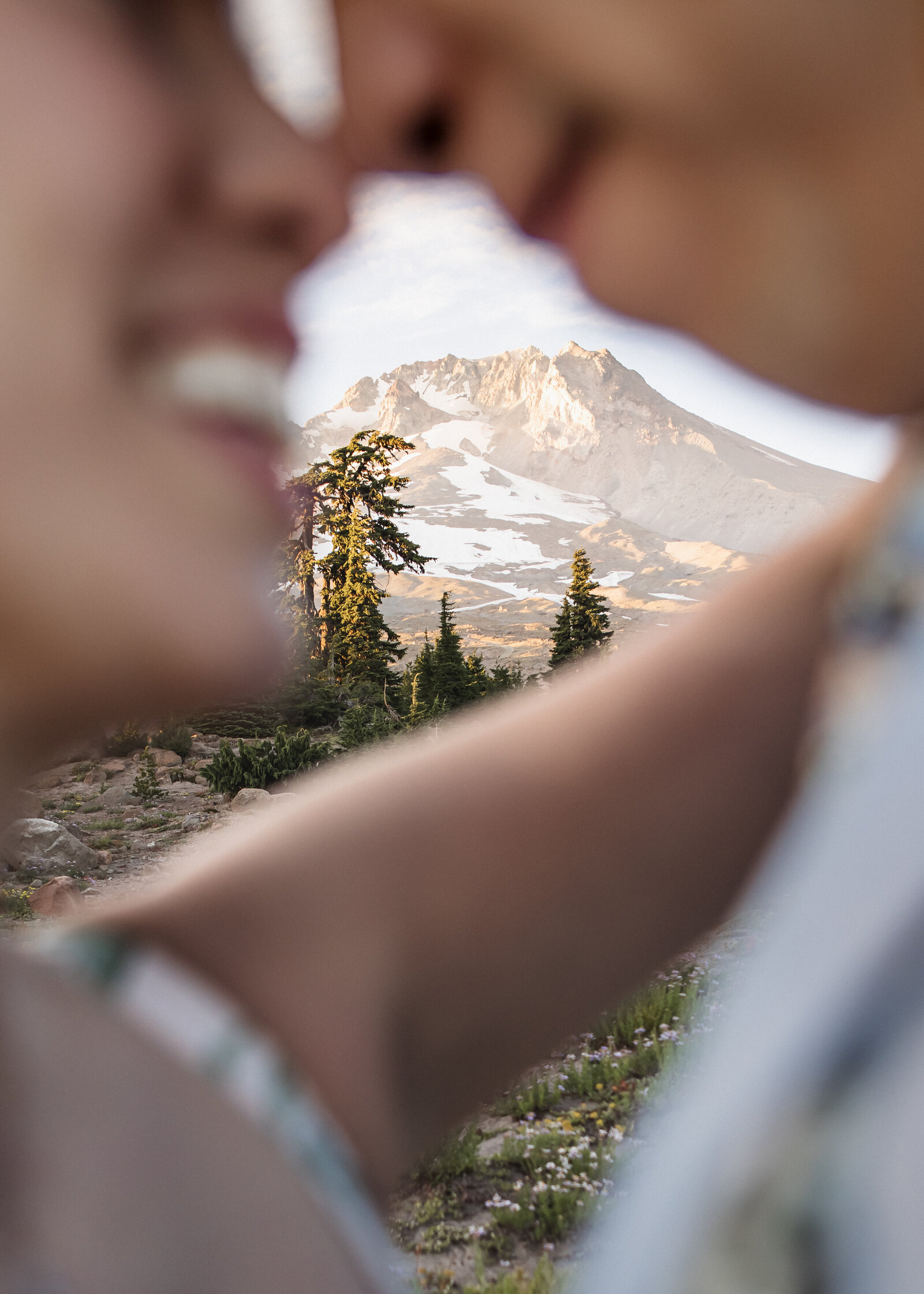 Couple laughing together during their elopement up at Timberline on Mount Hood