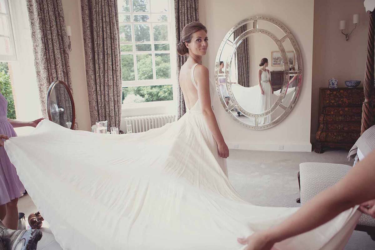 Bride in wedding dress at Iscoyd Park