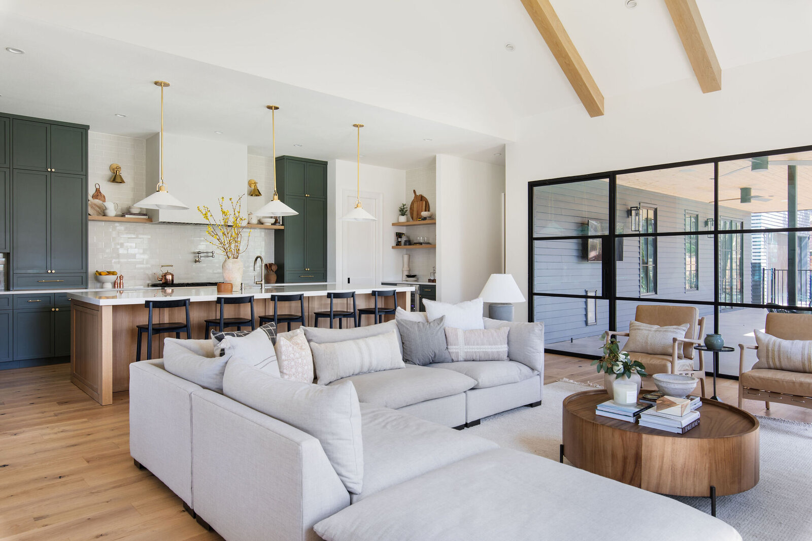 Transitional Living Room+Green+Kitchen+Nuela+Designs