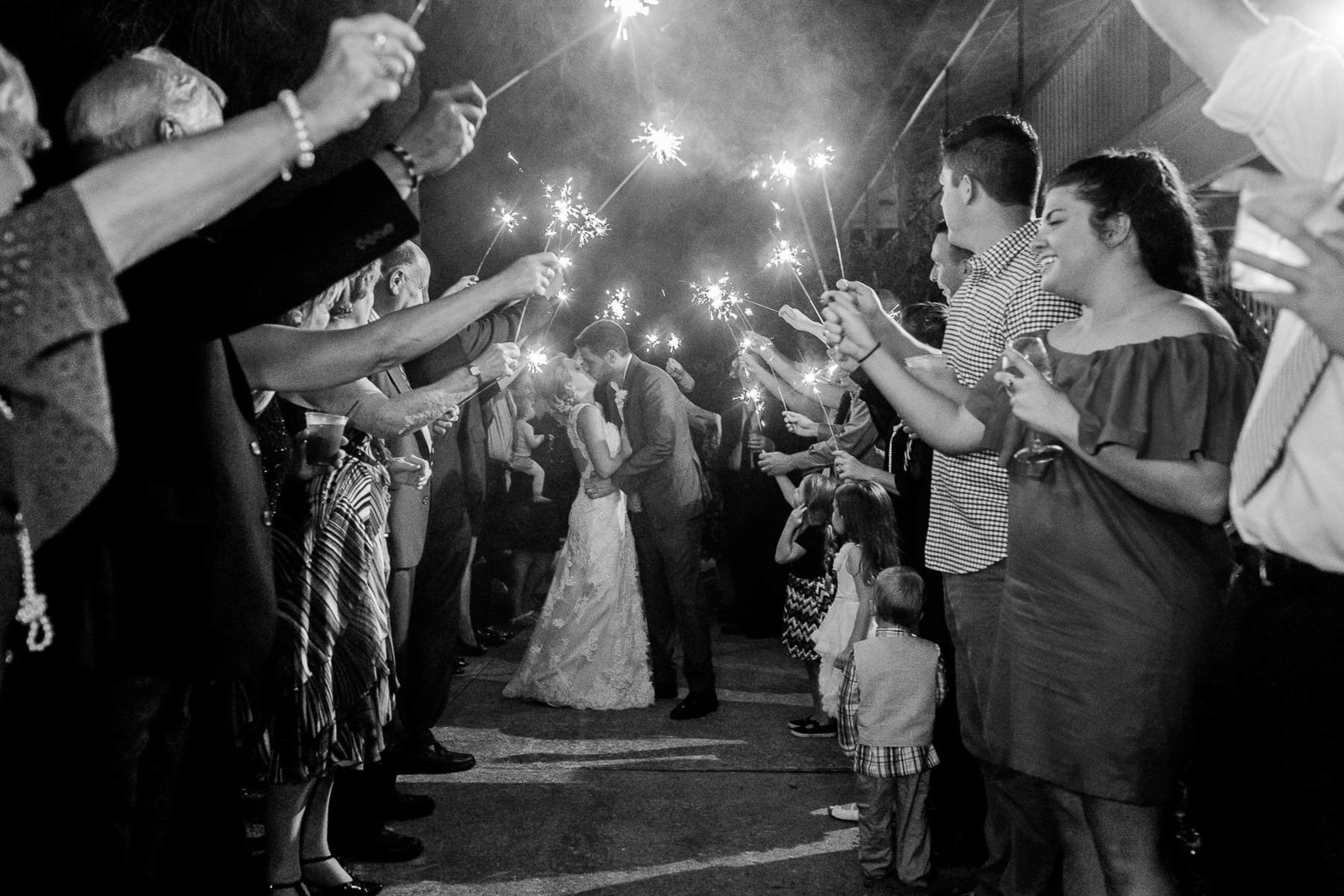 Bride and groom have sparkler exit, Alhambra Hall, Mt Pleasant, South Carolina
