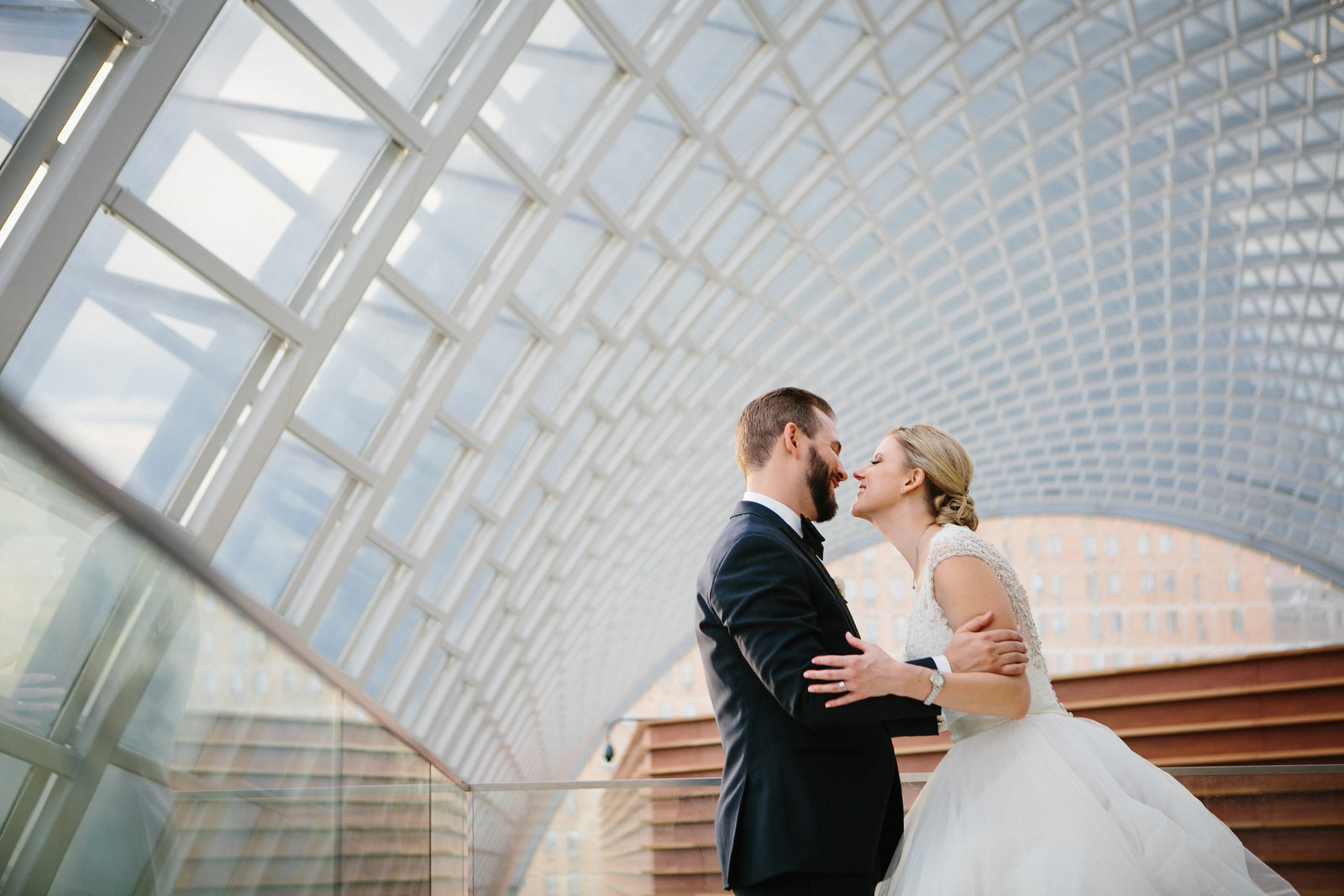 Gorgeous shot of the bride and groom at the Kimmel Center in Center City, Philadelphia.