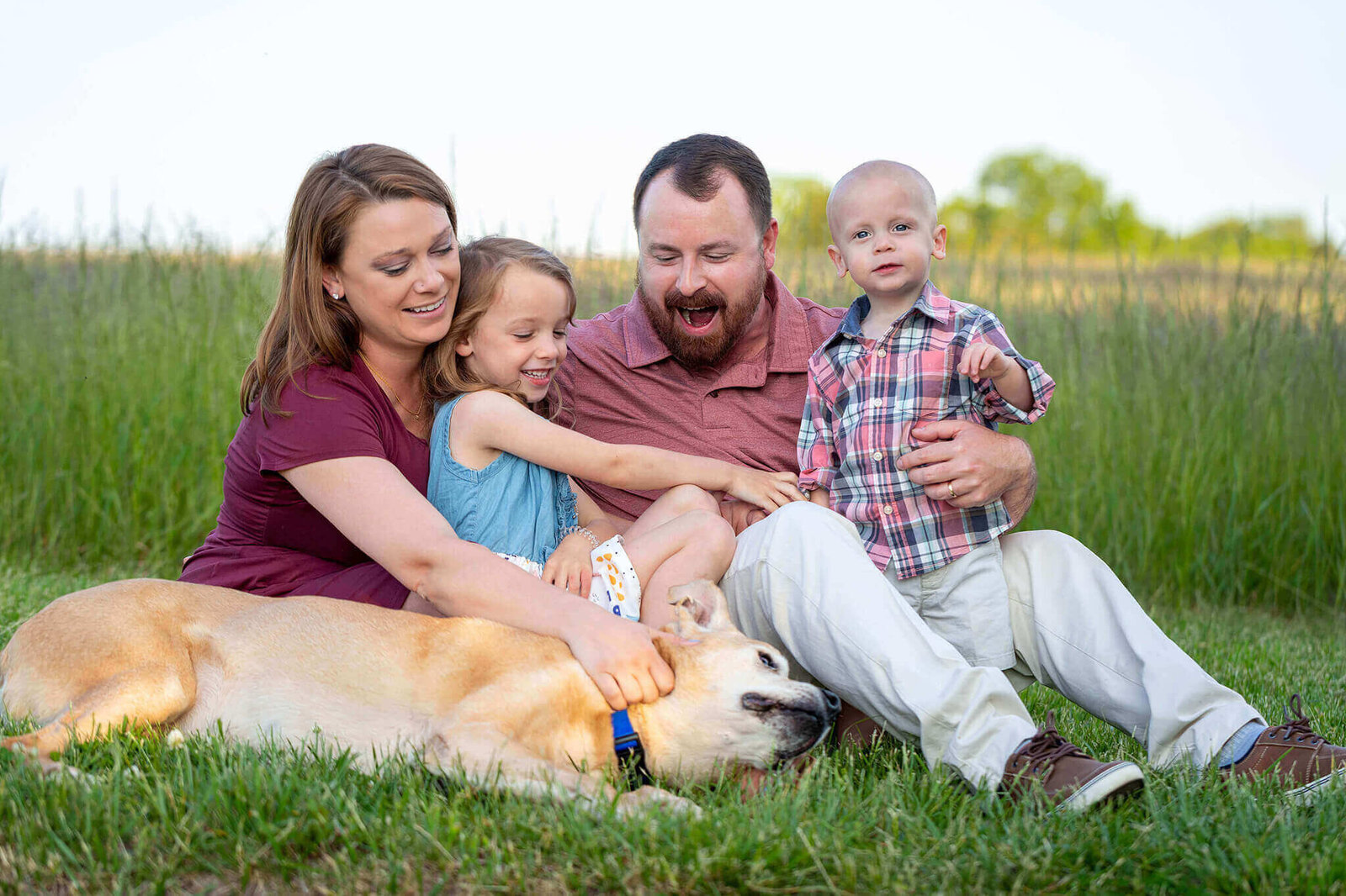 A Northern Virginia family of four sitting in the grass with their dog.
