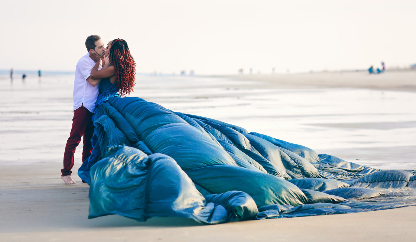 Savannah Georgia Boudoir and Glamour couple with woman in blue parachute gown on beach sexy