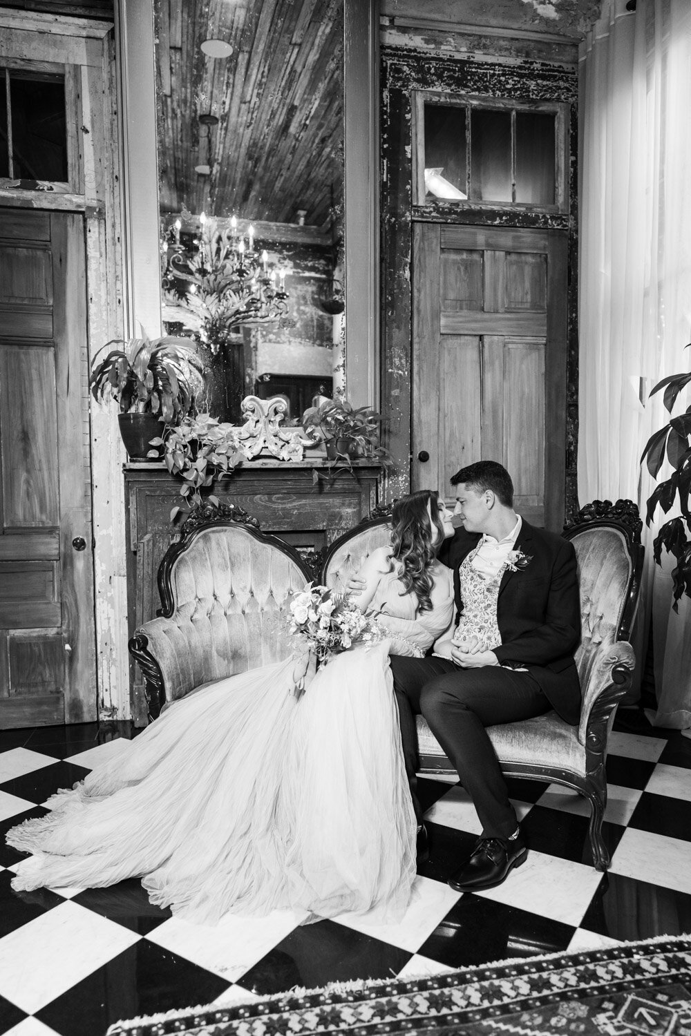 Black and white portrait of bride and groom at Seraphim House wedding in New Orleans
