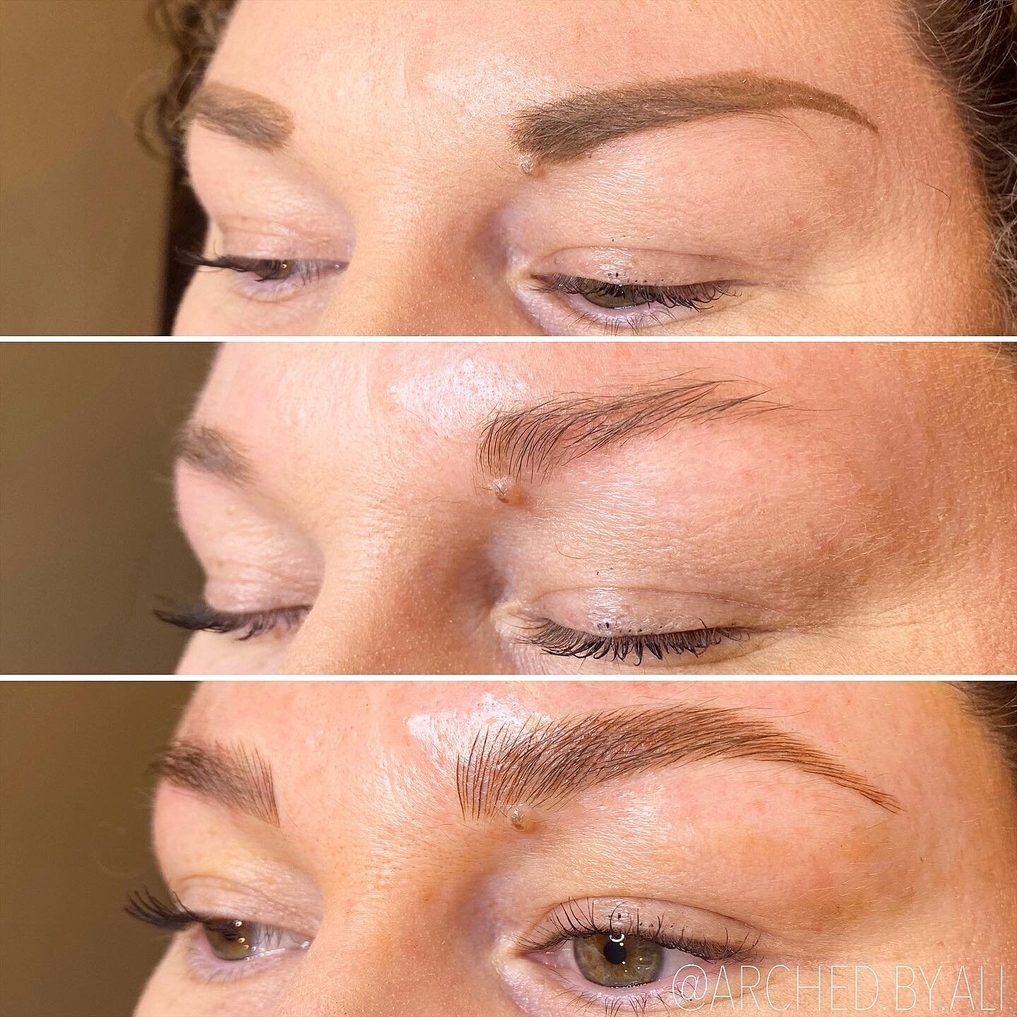 Female enhanced eyebrows that look naturally fluffy, through nicroblading services at ARCHED Coastal in Gulf Shores, Alabama.