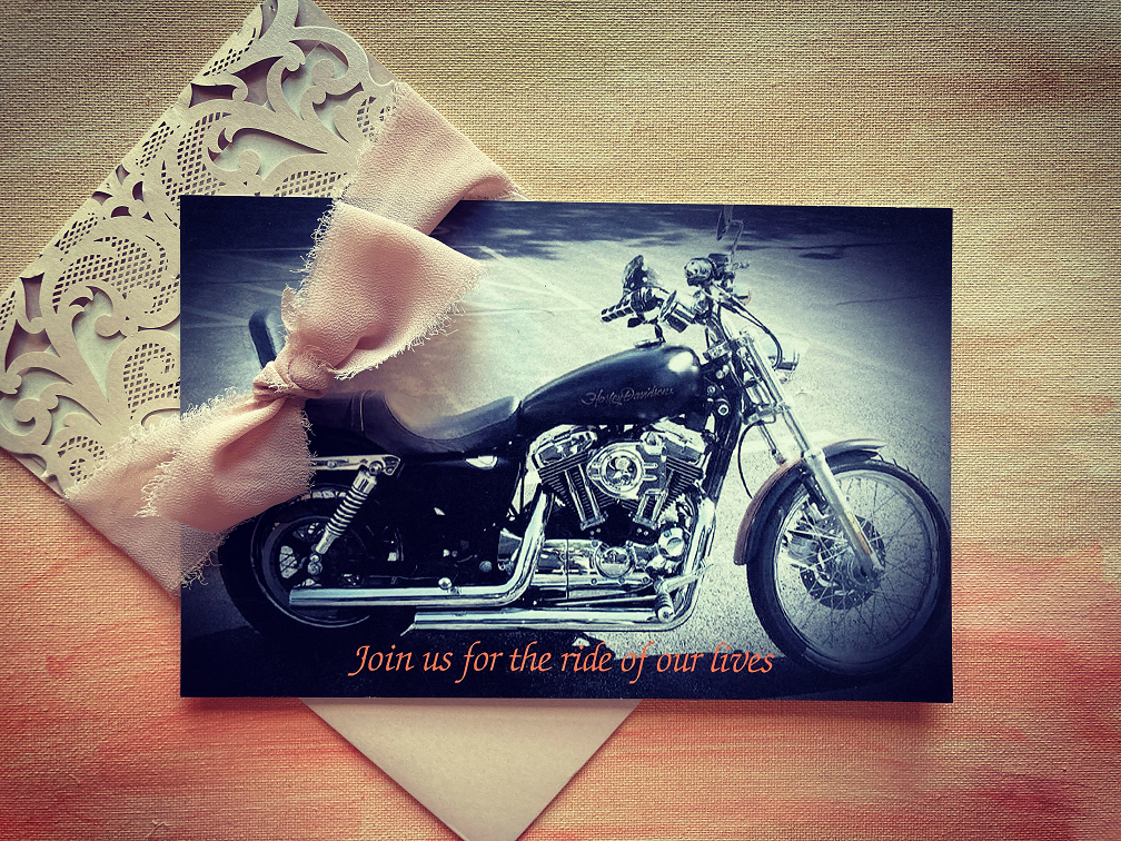 Wedding Invitation Ride of our Lives JC Customer Photo Blush Ribbon Blush Laser Cut PW