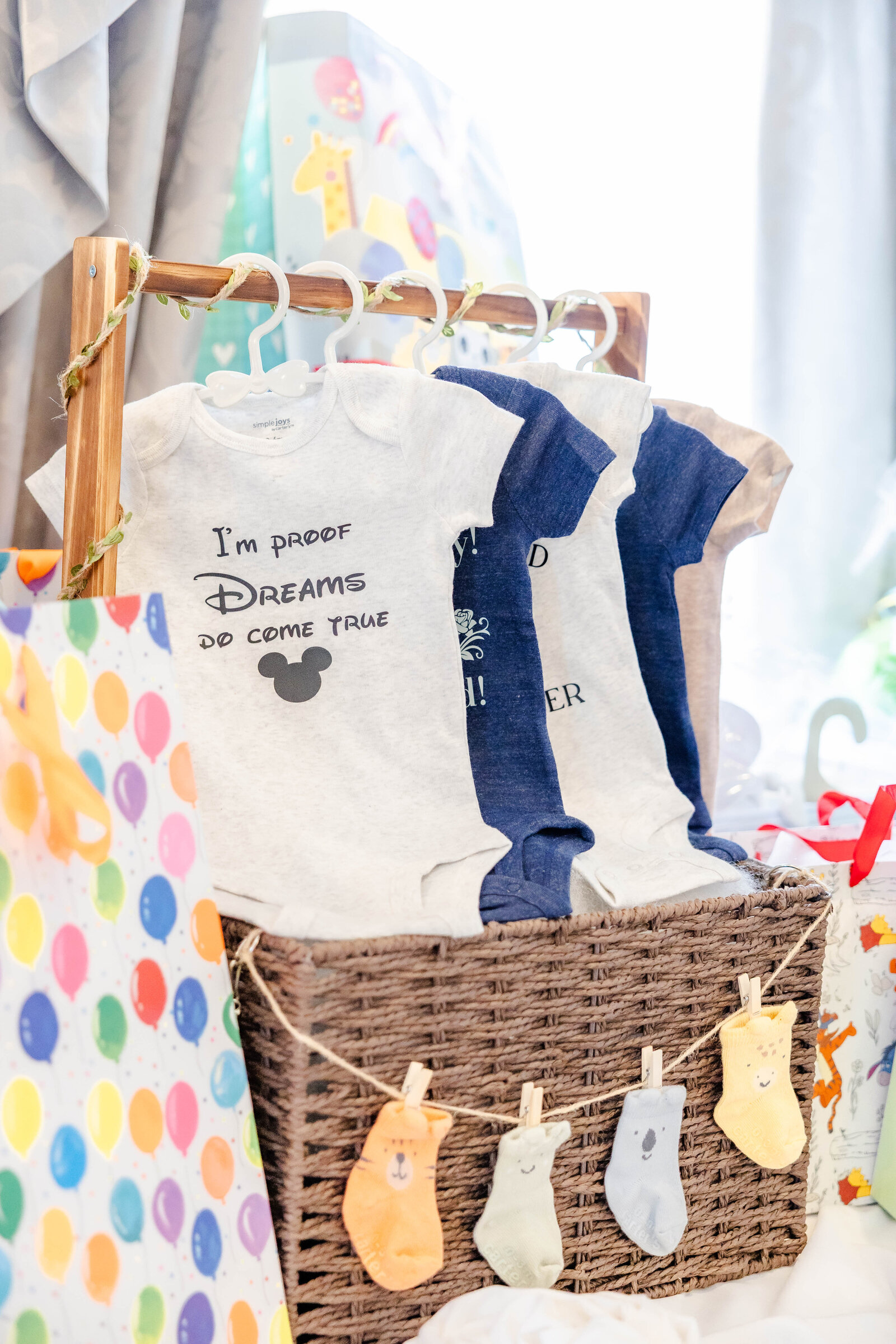 long-island-baby-shower-gift-display-onesies-and-socks