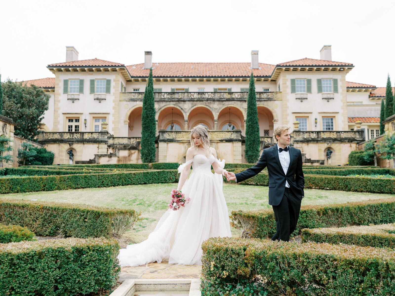 bride and groom on wedding day at Philbrook Museum of Art in Tulsa, Oklahoma