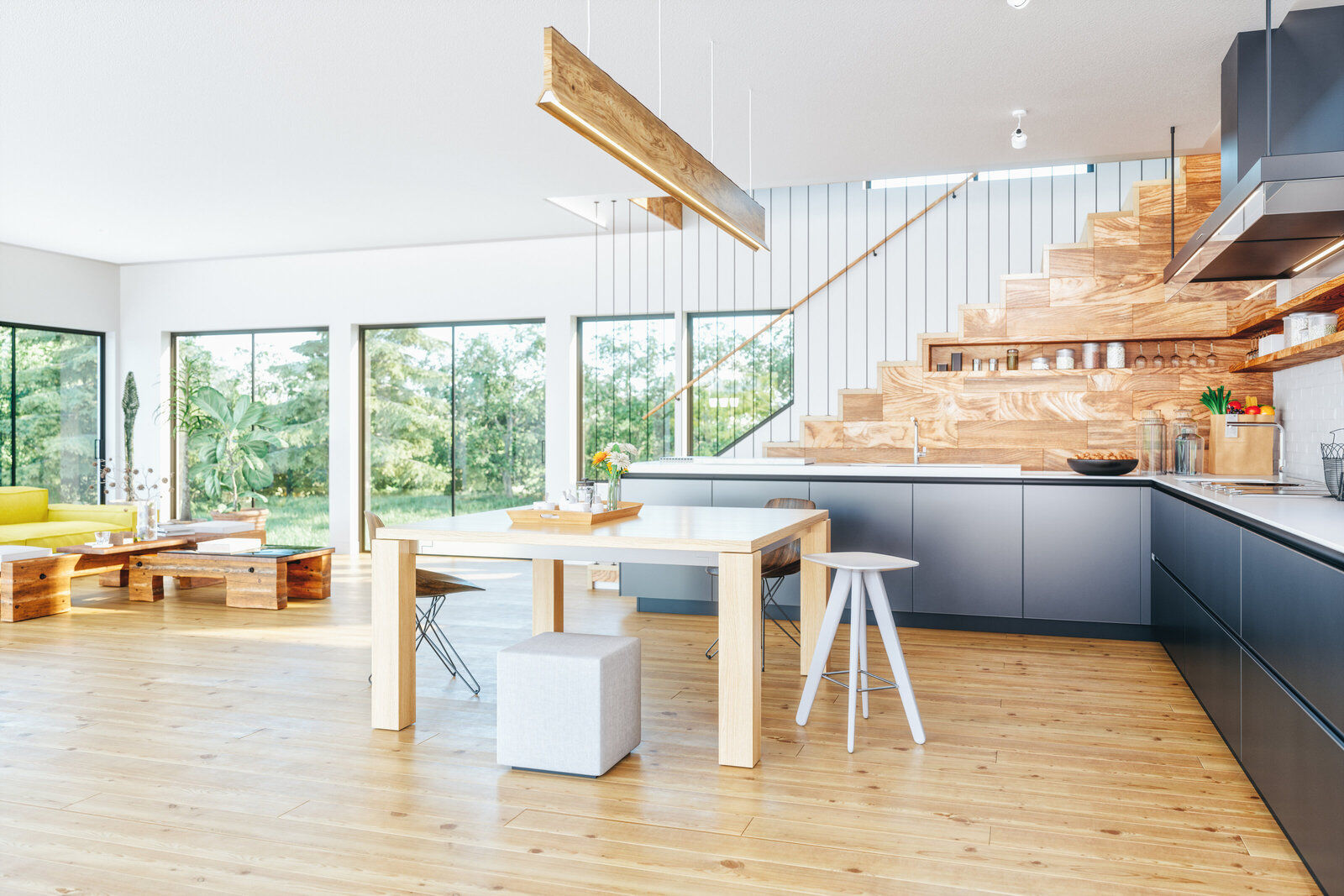 Modern open concept kitchen and living space in home